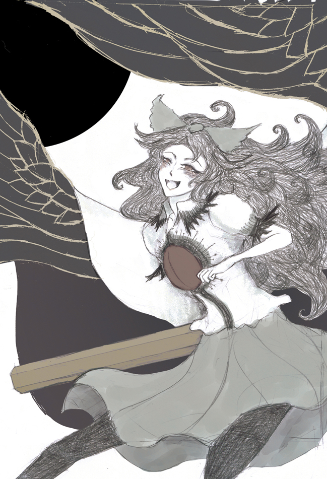 ryokosan, reiuji utsuho, touhou, bad id, bad pixiv id, 1girl, blush, bow, female focus, hair bow, laughing, long hair, open mouth, pale color, pantyhose, partially colored, solo, wings