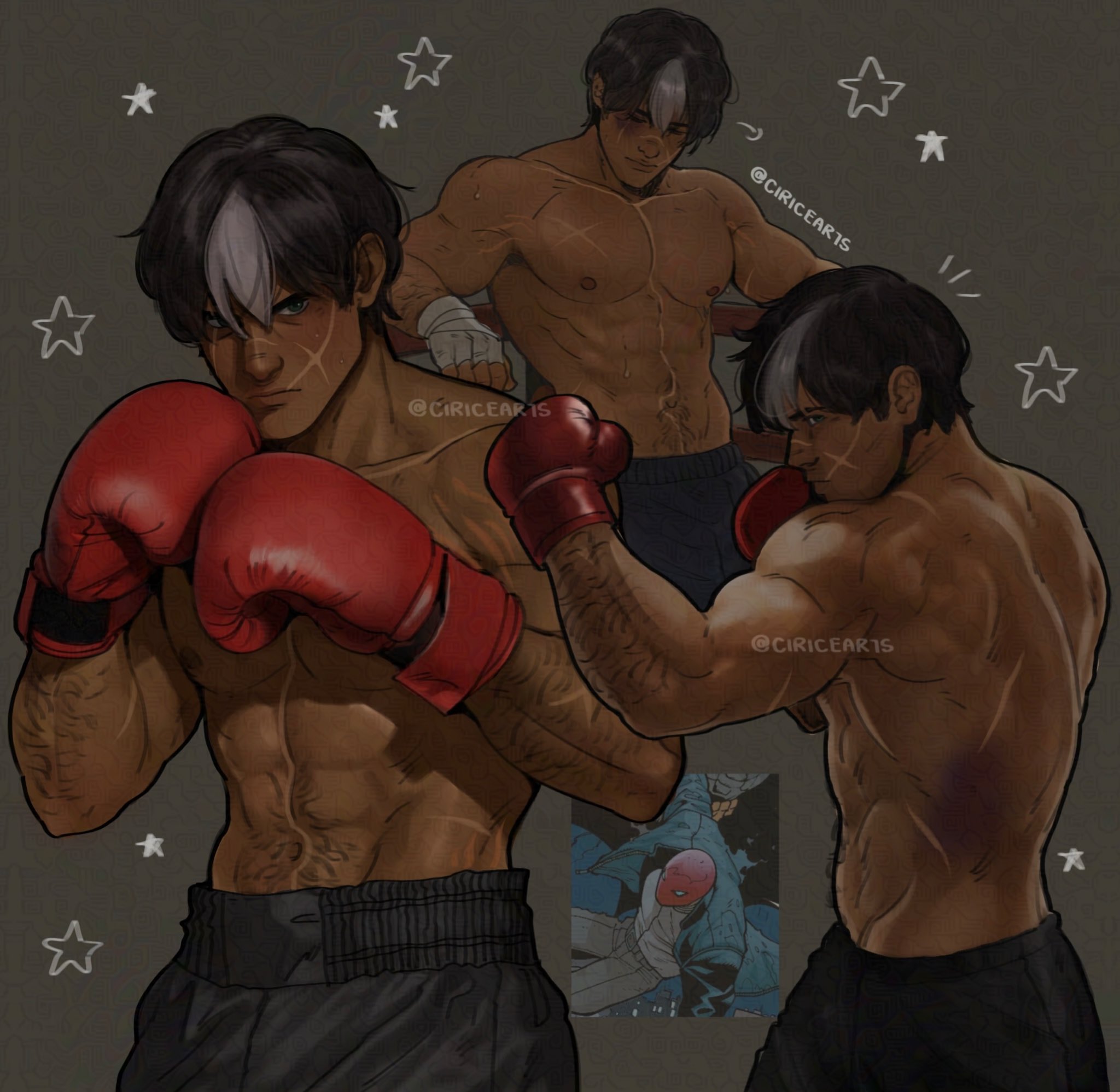 ciricearts, jason todd, red hood (dc), batman (series), dc comics, commentary, english commentary, highres, 1boy, abs, artist name, black gloves, black hair, blue eyes, bodysuit, boxer, boxing, boxing gloves, boxing shorts, bruise, fighting stance, gloves, injury, jacket, large pectorals, male focus, mask, multicolored bodysuit, multiple scars, multiple views, muscular, muscular male, pectorals, punching, red gloves, red mask, scar, scar on chest, scar on face, scar on stomach, short hair, shorts, superhero costume, taut bodysuit, toned, topless male, twitter username, two-tone bodysuit, watermark