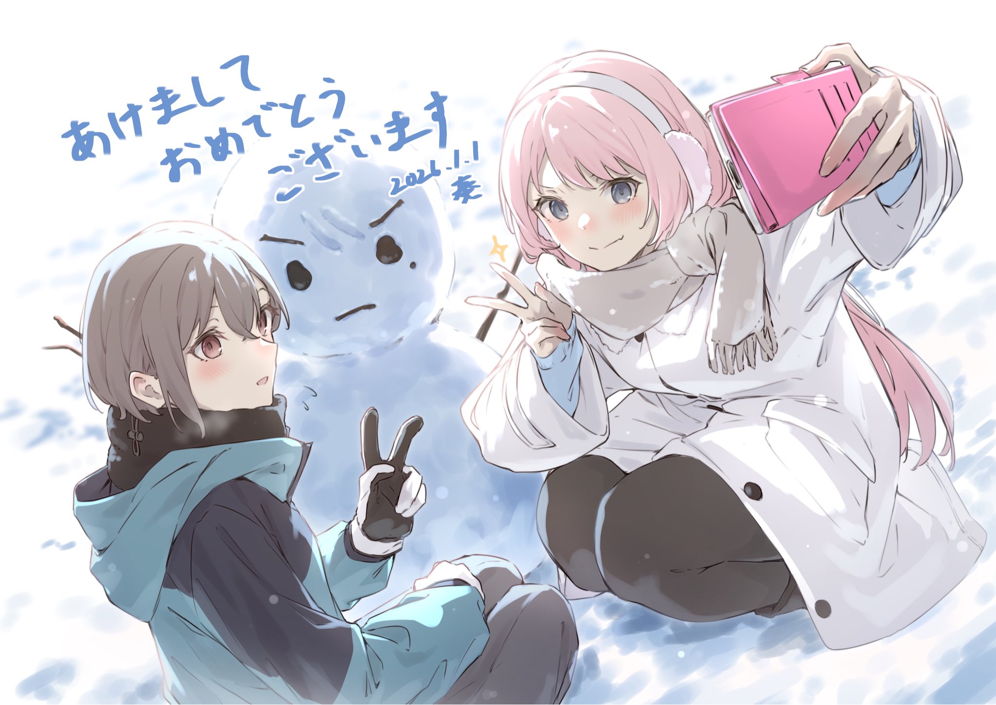 kanade (kanade 3344), chihaya anon, shiina taki, takamatsu tomori, bang dream!, bang dream! it's mygo!!!!!, character snowman, commentary request, highres, 2026, 2girls, black pantyhose, blue jacket, blush, brown eyes, cellphone, coat, fang, grey eyes, grey hair, grey pants, grey scarf, happy new year, holding, holding phone, jacket, long hair, multiple girls, new year, open mouth, pants, pantyhose, phone, pink hair, scarf, selfie, skin fang, smartphone, snowman, v, white coat