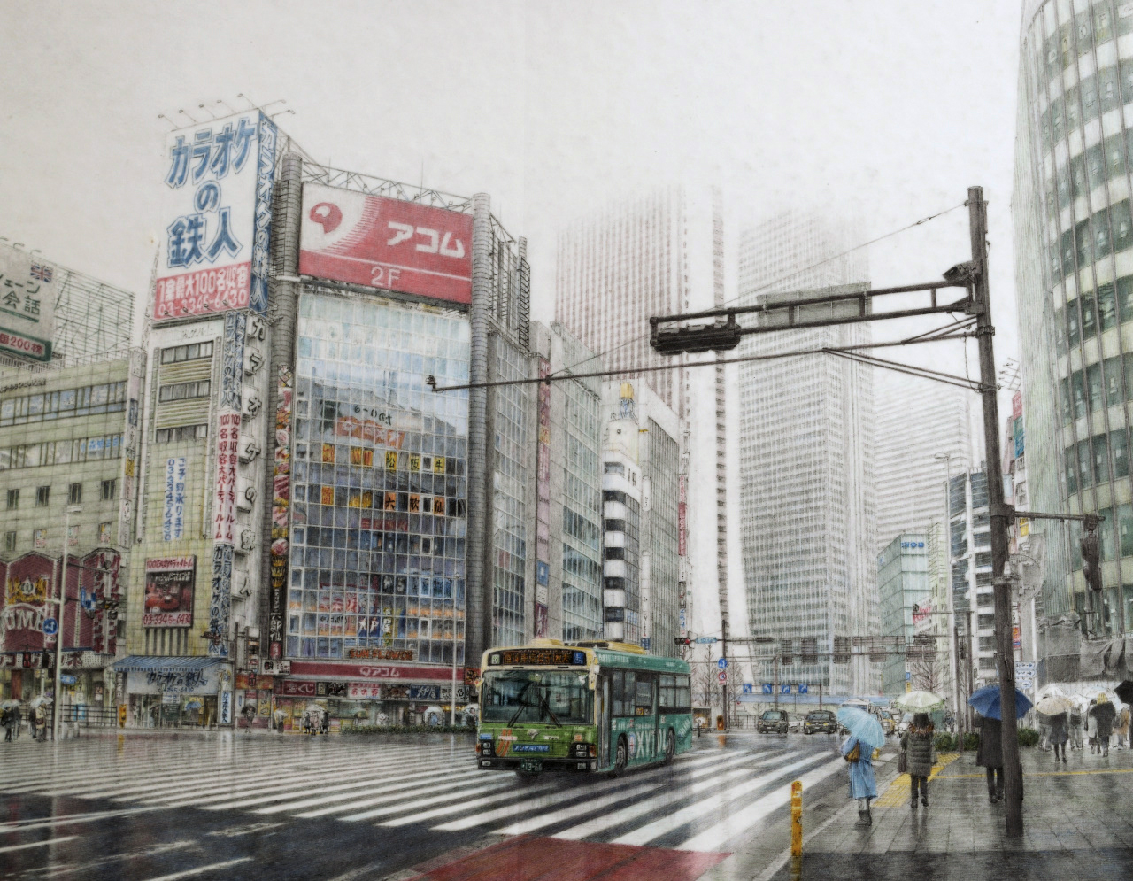 bronco, original, commentary request, traditional media, billboard, building, bus, cityscape, crosswalk, day, motor vehicle, outdoors, overcast, people, rain, real world location, road, scenery, shinjuku (tokyo), sky, skyscraper, street, tokyo (city), traffic light, umbrella