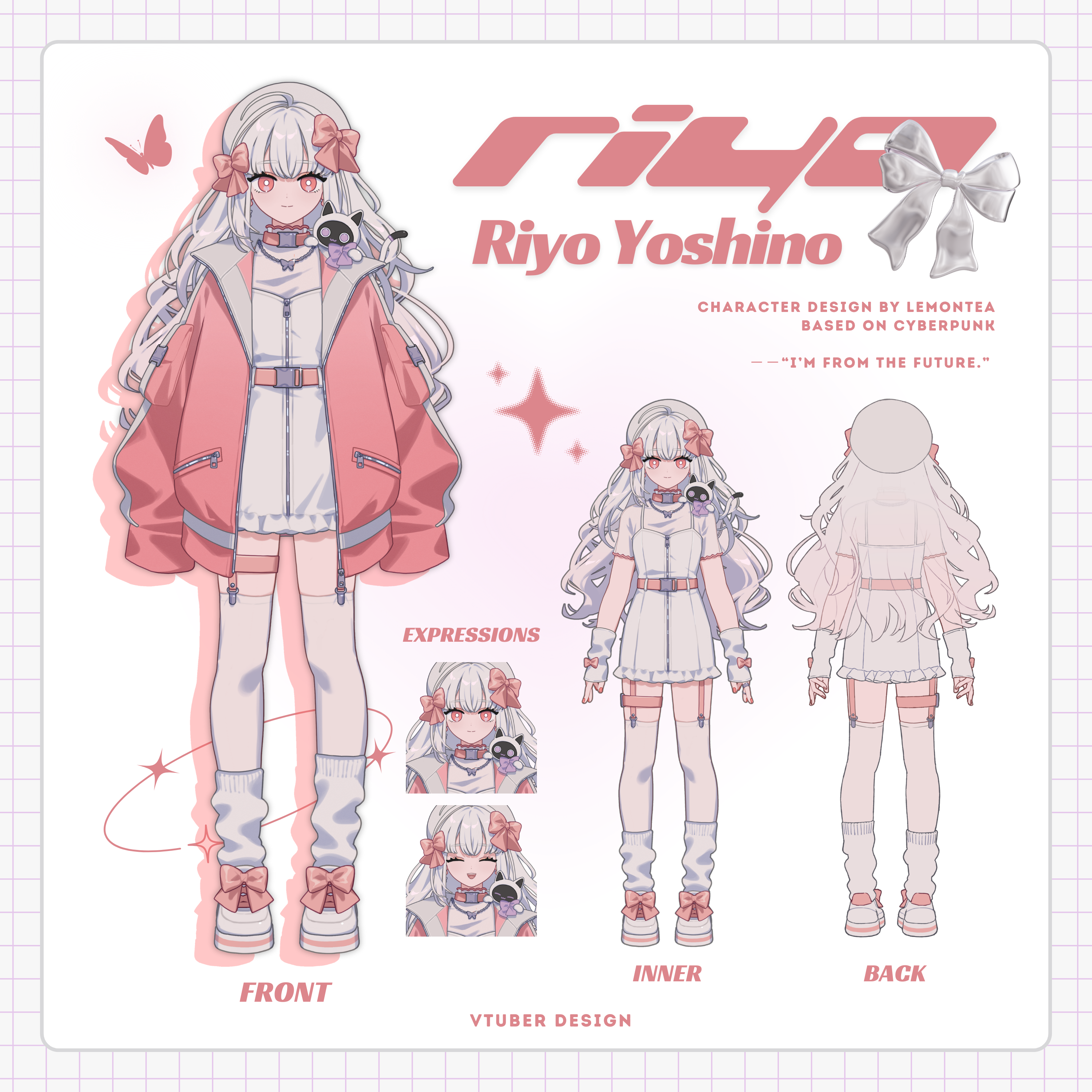 lemontea, indie virtual youtuber, absurdres, commentary request, highres, official art, ^ ^, arm warmers, belt, beret, bow, buckle, bug, butterfly, cat, character name, choker, closed eyes, dress, earrings, english text, facing away, from behind, full body, garter straps, hair bow, hat, insect, jacket, jewelry, loose socks, mascot, multiple expressions, multiple views, nail polish, oversized clothes, pink jacket, pink nails, pink theme, reference sheet, ring, see-through clothes, see-through shirt, shirt, shoes, short sleeves, sleeves past fingers, sleeves past wrists, snap-fit buckle, sneakers, socks, straight-on, thigh strap, thighhighs, turnaround, unworn jacket, virtual youtuber, white hair, yoshino riyo