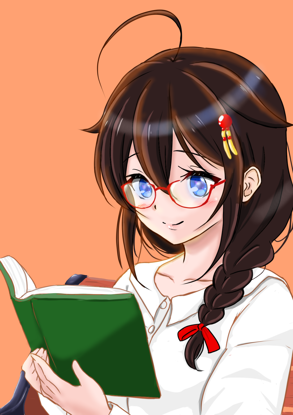 shigure (kancolle), shigure kai ni (kancolle), kantai collection, commentary request, highres, 1girl, bespectacled, black hair, blue eyes, braid, chair, glasses, hair flaps, hair over shoulder, konokinikinoko, long hair, orange background, reading, red-framed eyewear, shirt, single braid, smile, solo, upper body, white shirt