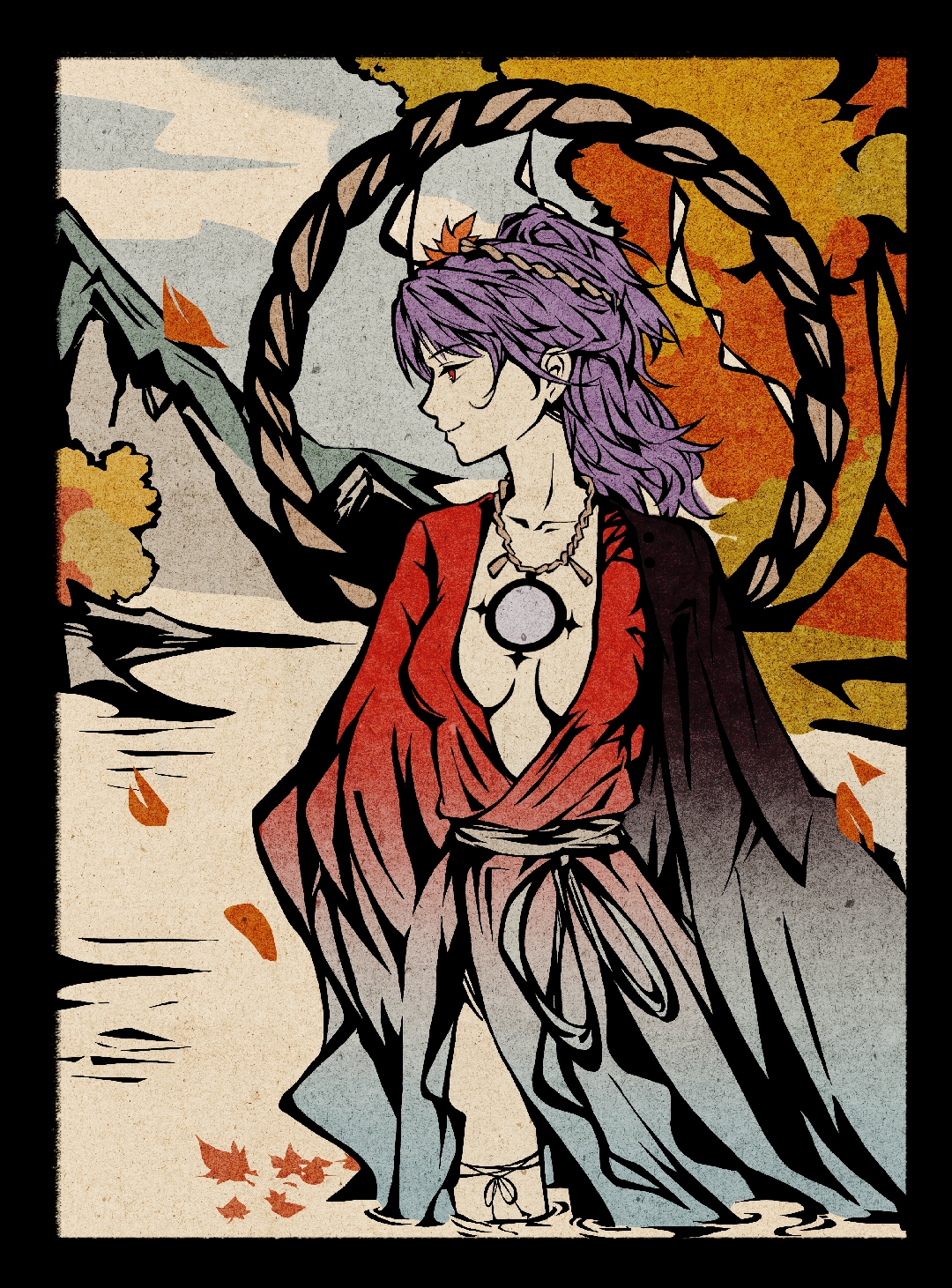 yasaka kanako, touhou, chinese commentary, commentary request, highres, 1girl, breasts, collarbone, japanese clothes, kimono, leaf, maple leaf, mirror, mountain, nature, outdoors, purple hair, red eyes, red kimono, short hair, siji de gou, smile, solo, standing, standing on liquid, water, wide sleeves