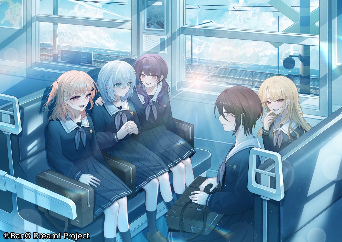 77se bu, futaba tsukushi, hiromachi nanami, kirigaya toko, kurata mashiro, yashio rui, bang dream!, commentary request, official art, second-party source, 5girls, bag, black bag, black hair, black socks, blonde hair, blue eyes, blue shirt, blue skirt, brown eyes, grey neckerchief, hair between eyes, long hair, long sleeves, low twintails, morfonica, multiple girls, neckerchief, parted bangs, pink eyes, pleated skirt, purple hair, school bag, school uniform, shirt, skirt, socks, train interior, tsukinomori school uniform, twintails, two side up