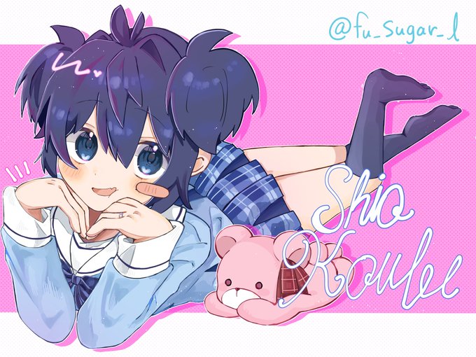 koube shio, happy sugar life, 1girl, :d, ahoge, blue eyes, blue hair, blue ribbon, blue skirt, blush, character name, crossed legs, double bun, fang, fu sugar l, hair bun, head on hand, head on hands, jewelry, leg up, looking at viewer, lying, messy hair, neck ribbon, on stomach, open mouth, pink background, pink teddy bear, plaid clothes, plaid skirt, polka dot, polka dot background, ribbon, ring, sailor collar, school uniform, short hair, skirt, smile, socks, sparkling eyes, stuffed animal, stuffed toy, teddy bear, toes visible through clothing, twitter username, wringing clothes