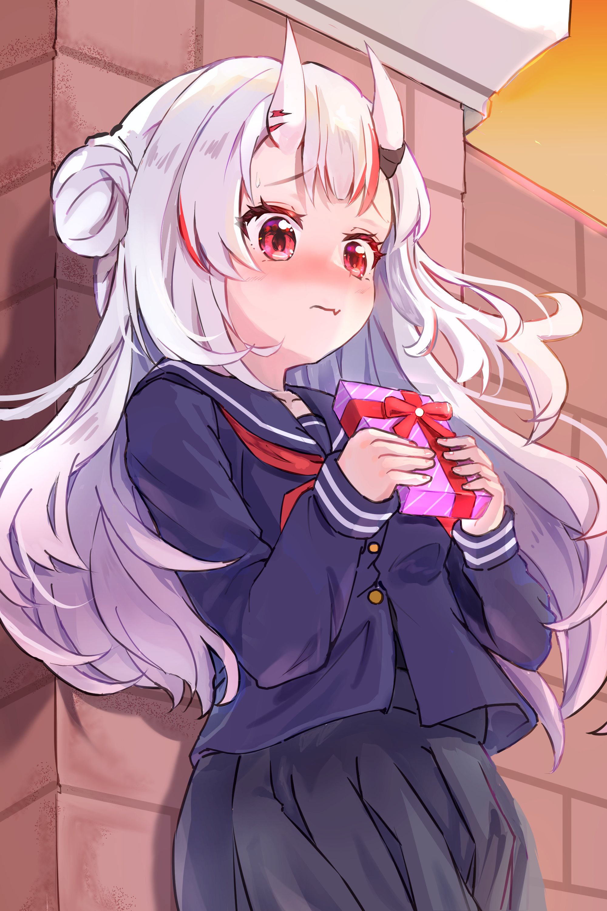 nakiri ayame, hololive, absurdres, commentary request, highres, 1girl, black skirt, blush, collarbone, fang, hair between horns, hair bun, holding, horn ornament, horns, long hair, long sleeves, multicolored hair, oni, outdoors, red eyes, red hair, red ribbon, ribbon, school uniform, serafuku, skin-covered horns, skin fang, skirt, soramaru, valentine, virtual youtuber, wavy mouth, white hair