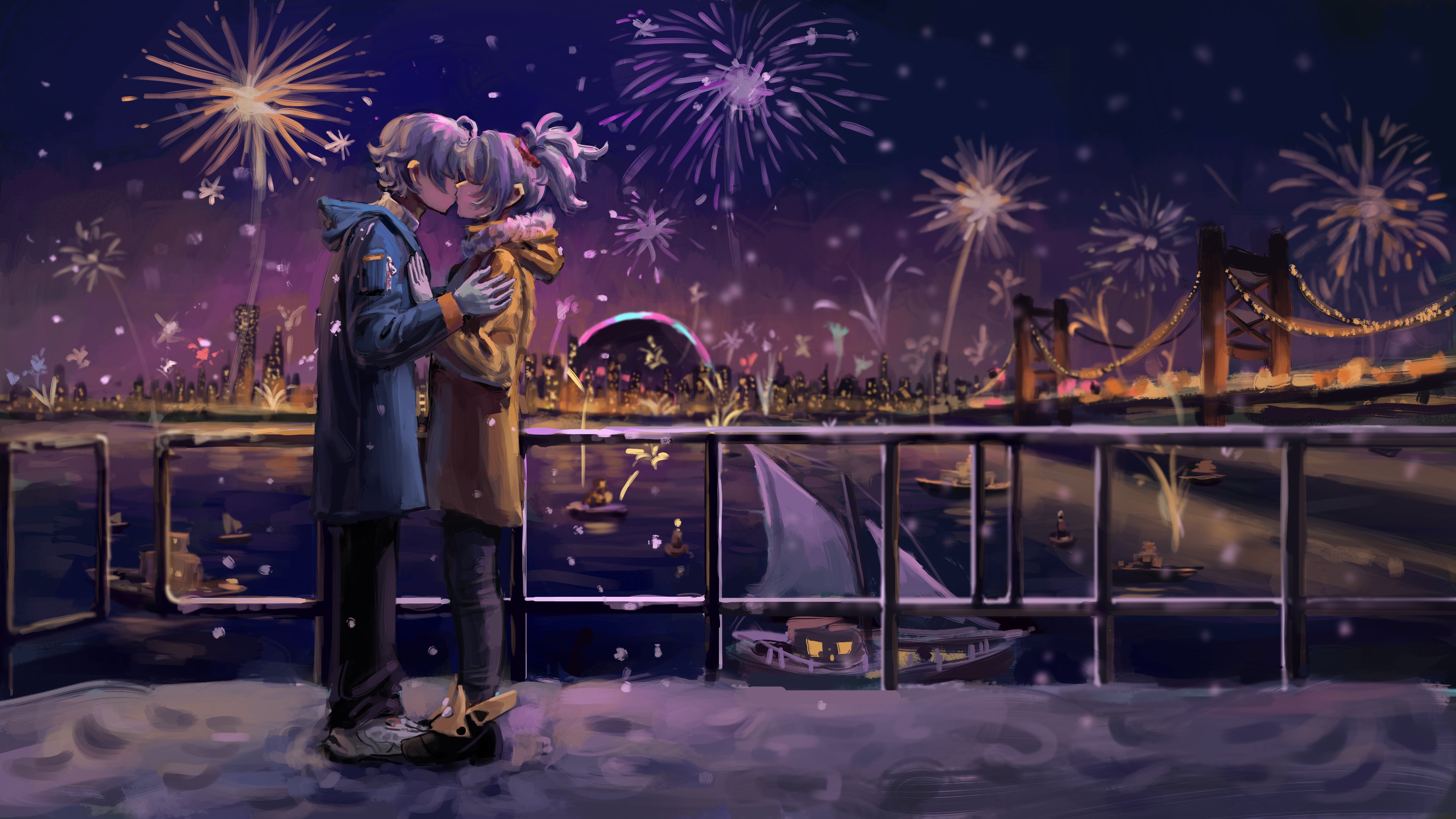soldier 11 (zenless zone zero), wise (zenless zone zero), zenless zone zero, absurdres, commentary, commission, english commentary, highres, vgen commission, boat, bridge, cityscape, cloniaz, closed eyes, coat, fireworks, gloves, grey hair, hands on another's shoulders, hetero, kiss, night, ponytail, watercraft, white gloves