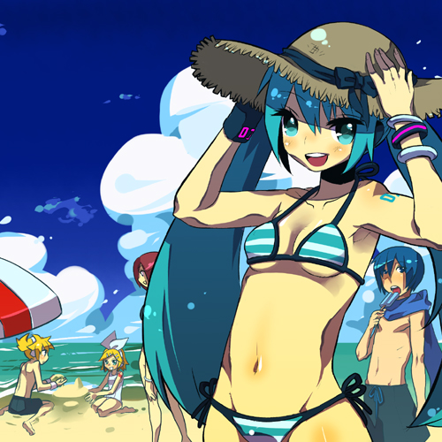 fujitsuna, hatsune miku, kagamine len, kagamine rin, kaito (vocaloid), vocaloid, lowres, beach, bikini, blue eyes, blue hair, bottomless, bracelet, hat, jewelry, navel, sun hat, swimsuit, twintails