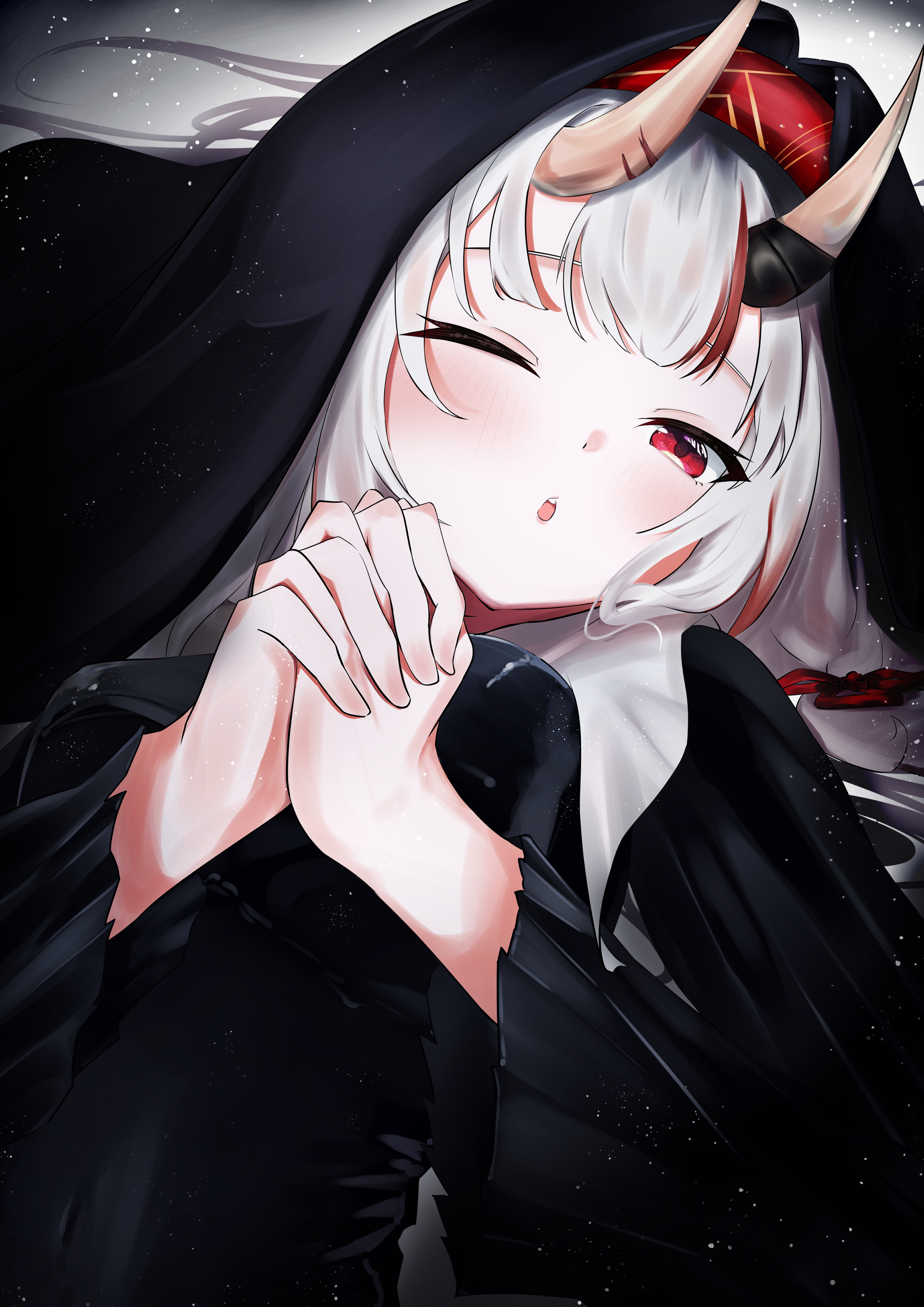 nakiri ayame, hololive, absurdres, commentary request, highres, black dress, dot nose, dress, hair between horns, horn ornament, horns, looking at viewer, nun, nun headdress, one eye closed, oni, open mouth, praying, red eyes, red hair, skin-covered horns, virtual youtuber, white hair
