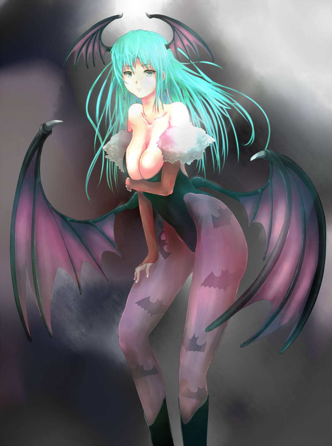 na (zooncopter), morrigan aensland, capcom, darkstalkers, bad id, bad pixiv id, highres, 1girl, animal print, bare shoulders, bat print, bat wings, breasts, cleavage, demon girl, elbow gloves, female focus, gloves, green eyes, green hair, head wings, large breasts, long hair, matching hair/eyes, pantyhose, print pantyhose, solo, wings