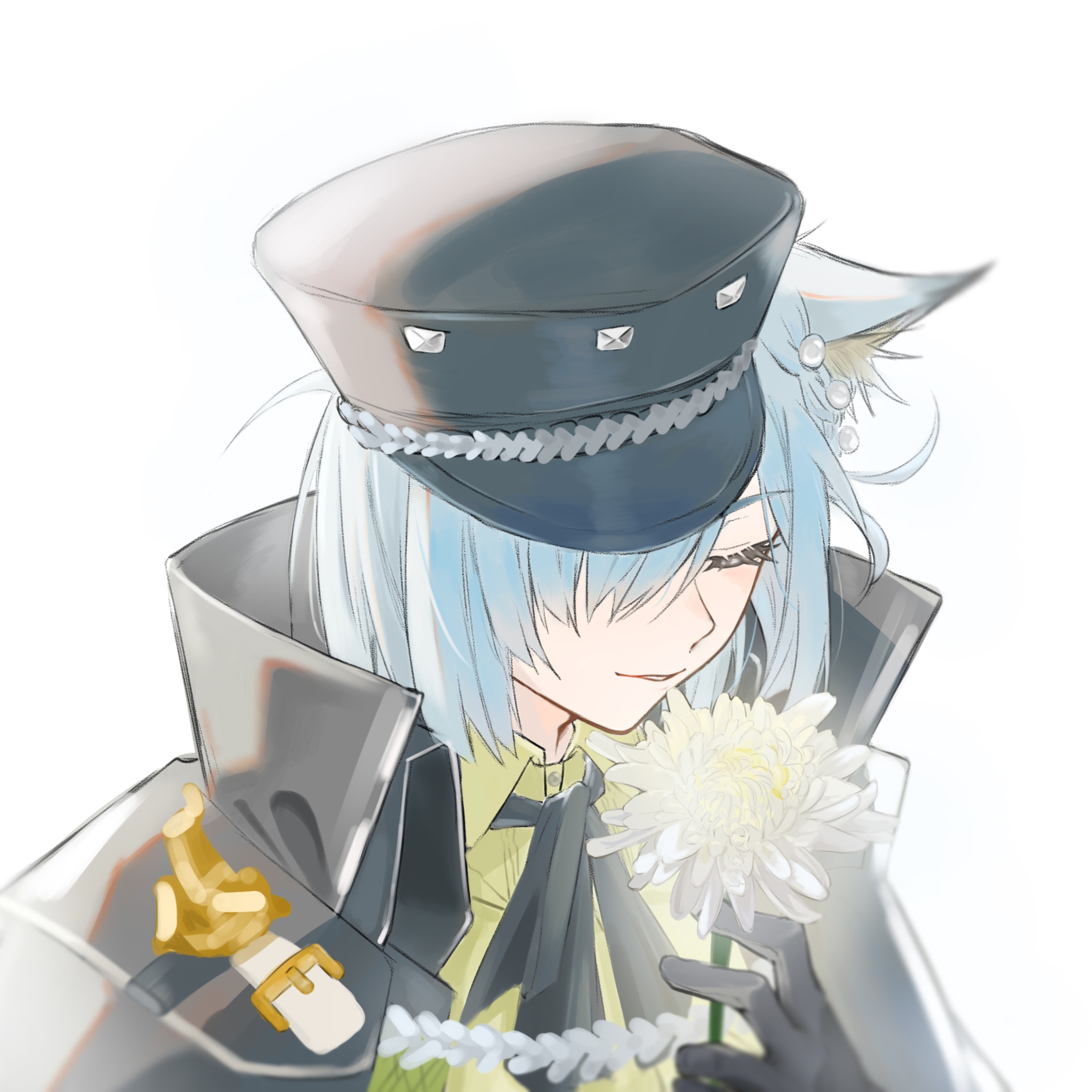 yanjiayi15642, delphine (arknights), arknights, chinese commentary, commentary request, highres, 1girl, animal ears, black cape, black gloves, black hat, blue hair, cape, closed eyes, collared shirt, flower, gloves, green shirt, hair over one eye, hat, high collar, holding, holding flower, one eye covered, parted lips, peaked cap, portrait, shirt, short hair, simple background, smelling, solo, white background, white flower