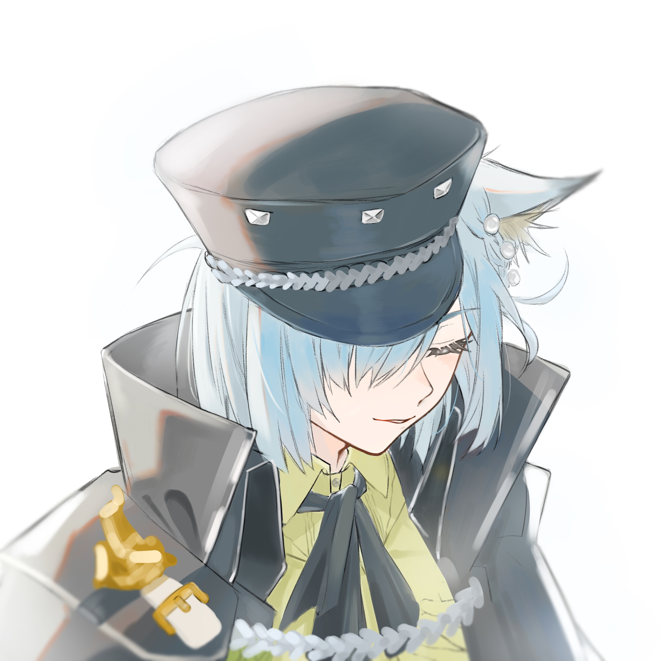 yanjiayi15642, delphine (arknights), arknights, chinese commentary, commentary request, highres, 1girl, animal ears, black cape, black hat, blue hair, cape, closed eyes, collared shirt, green shirt, hair over one eye, hat, high collar, one eye covered, parted lips, peaked cap, portrait, shirt, short hair, simple background, solo, white background