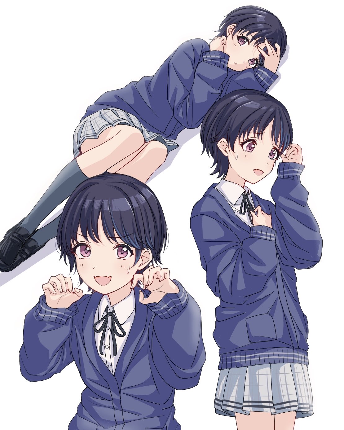 isoginn chuck, original, commentary request, highres, 1girl, :d, black hair, black ribbon, blazer, blue jacket, blush, cardigan, grey skirt, jacket, kneehighs, long sleeves, looking at viewer, lying, miniskirt, multiple views, neck ribbon, on side, open mouth, plaid clothes, plaid skirt, pleated skirt, purple eyes, ribbon, school uniform, shirt, shoes, short hair, skirt, sleeves past wrists, smile, socks, sweatdrop, white shirt, white skirt