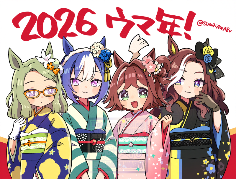 sumikawa (sumikawa8v), air messiah (umamusume), cesario (umamusume), daring heart (umamusume), rhein kraft (umamusume), umamusume, commentary request, 4girls, ahoge, alternate costume, animal ears, blush, braid, breasts, brown hair, closed mouth, flower, glasses, gloves, green eyes, green hair, hair between eyes, hair flower, hair ornament, horse girl, long hair, looking at viewer, multiple girls, open mouth, smile