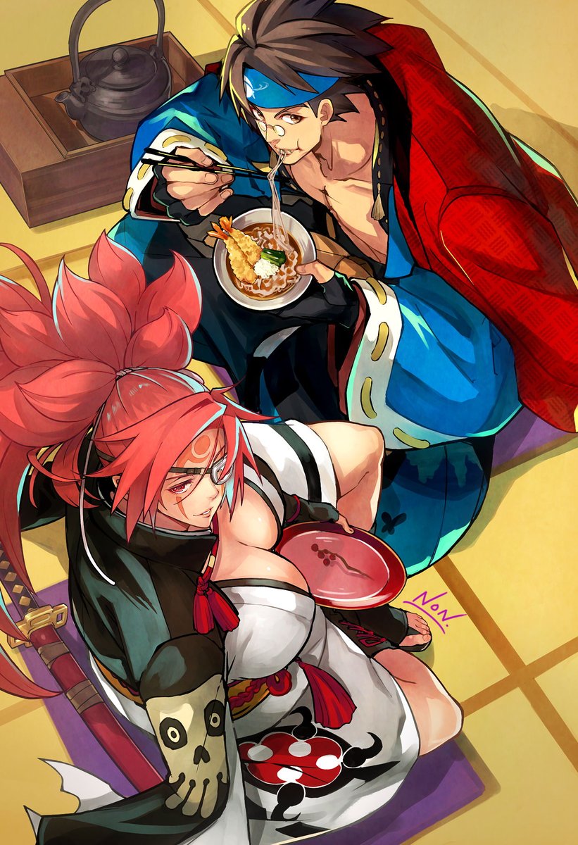 kujou non, baiken, mito anji, guilty gear, guilty gear strive, commentary request, highres, 1boy, 1girl, amputee, big hair, black hair, black kimono, breasts, brown hair, cleavage, eyepatch, facial tattoo, fingerless gloves, glasses, gloves, headband, japanese clothes, kimono, large breasts, long hair, multicolored kimono, muscular, muscular male, one-eyed, open clothes, open kimono, pink hair, ponytail, red eyes, samurai, scar, scar across eye, scar on face, short hair, tattoo, torn sleeve
