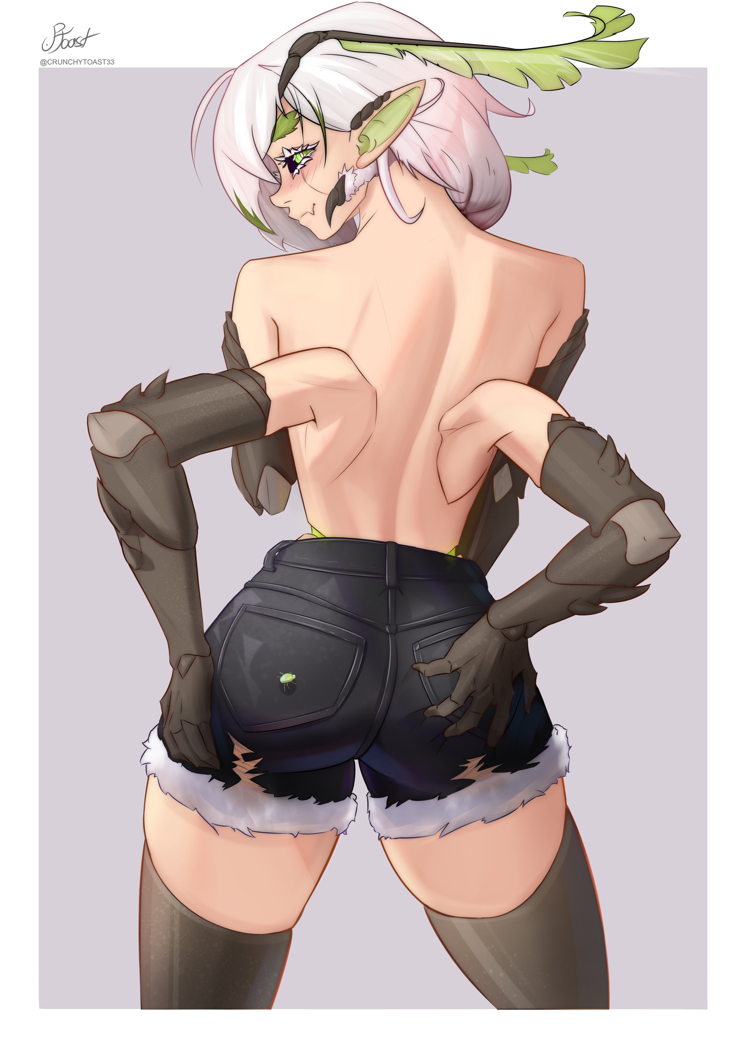 crunchytoast33, juniper actias, indie virtual youtuber, absurdres, commentary, english commentary, highres, antennae, arthropod girl, back, black sclera, colored sclera, denim, denim shorts, extra arms, grabbing own ass, green eyes, grey background, insect girl, monster girl, moth antennae, moth girl, moth hair ornament, shorts, thighhighs, thighs, white hair