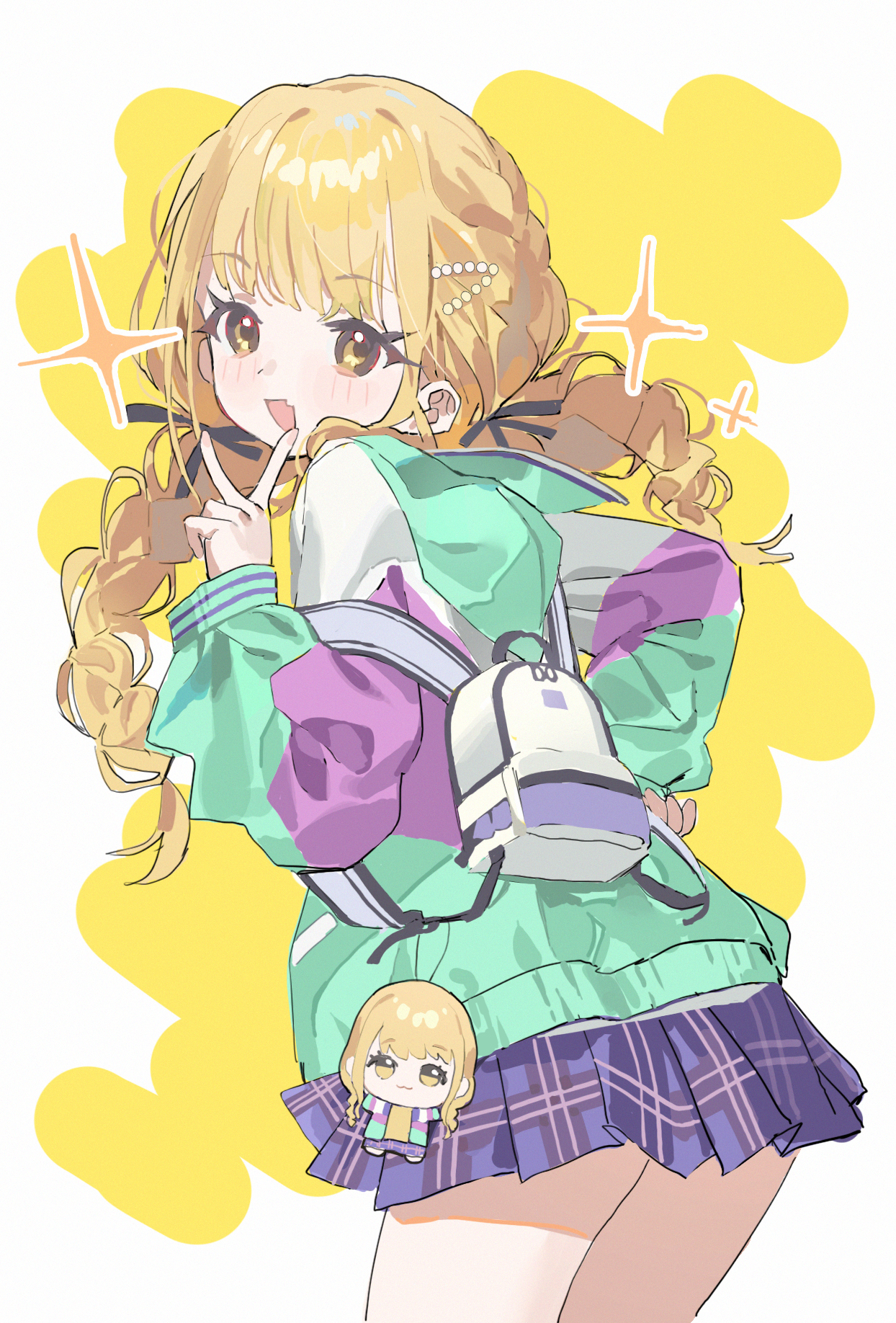 measho, fujita kotone, gakuen idolmaster, idolmaster, highres, 1girl, bag, black ribbon, blonde hair, blush, braid, fang, from behind, green jacket, hair ribbon, jacket, long hair, long sleeves, looking at viewer, miniskirt, open mouth, plaid clothes, plaid skirt, pleated skirt, puffy long sleeves, puffy sleeves, purple skirt, ribbon, skin fang, skirt, solo, twin braids, v