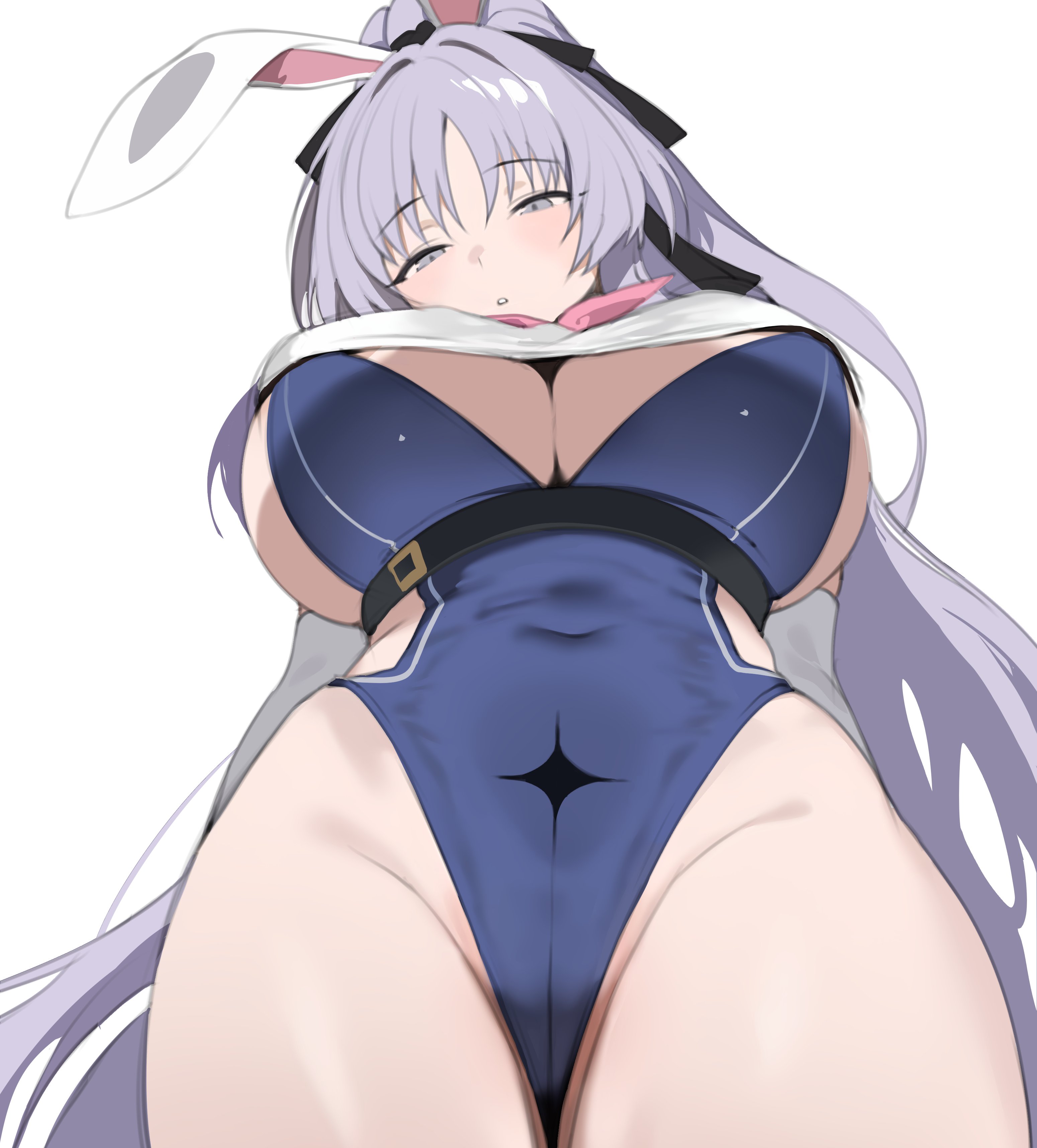 toma (toma50), shia (stella sora), stella sora, absurdres, commentary, hashtag-only commentary, highres, 1girl, animal ear hairband, animal ears, black ribbon, blush, breasts, covered navel, fake animal ears, grey eyes, hairband, high ponytail, highleg, highleg one-piece swimsuit, large breasts, long hair, looking at viewer, neckerchief, one-piece swimsuit, pink neckerchief, playboy bunny swimsuit, ponytail, purple hair, rabbit ear hairband, rabbit ears, ribbon, solo, swimsuit, very long hair