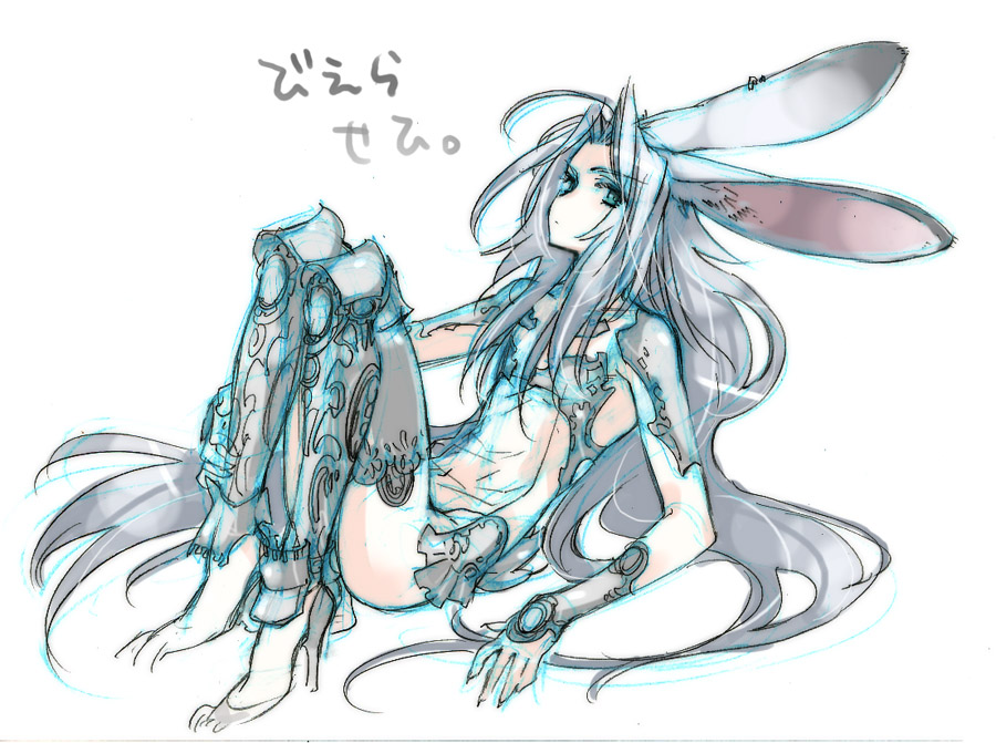 toujou sakana, fran (ff12), sephiroth, final fantasy, final fantasy vii, final fantasy xii, silver hair, gender request, androgynous, animal ears, cosplay, crossdressing, green eyes, high heels, legs up, long hair, lying, male focus, navel, rabbit ears, shoes, solo, thighhighs, trap, very long hair