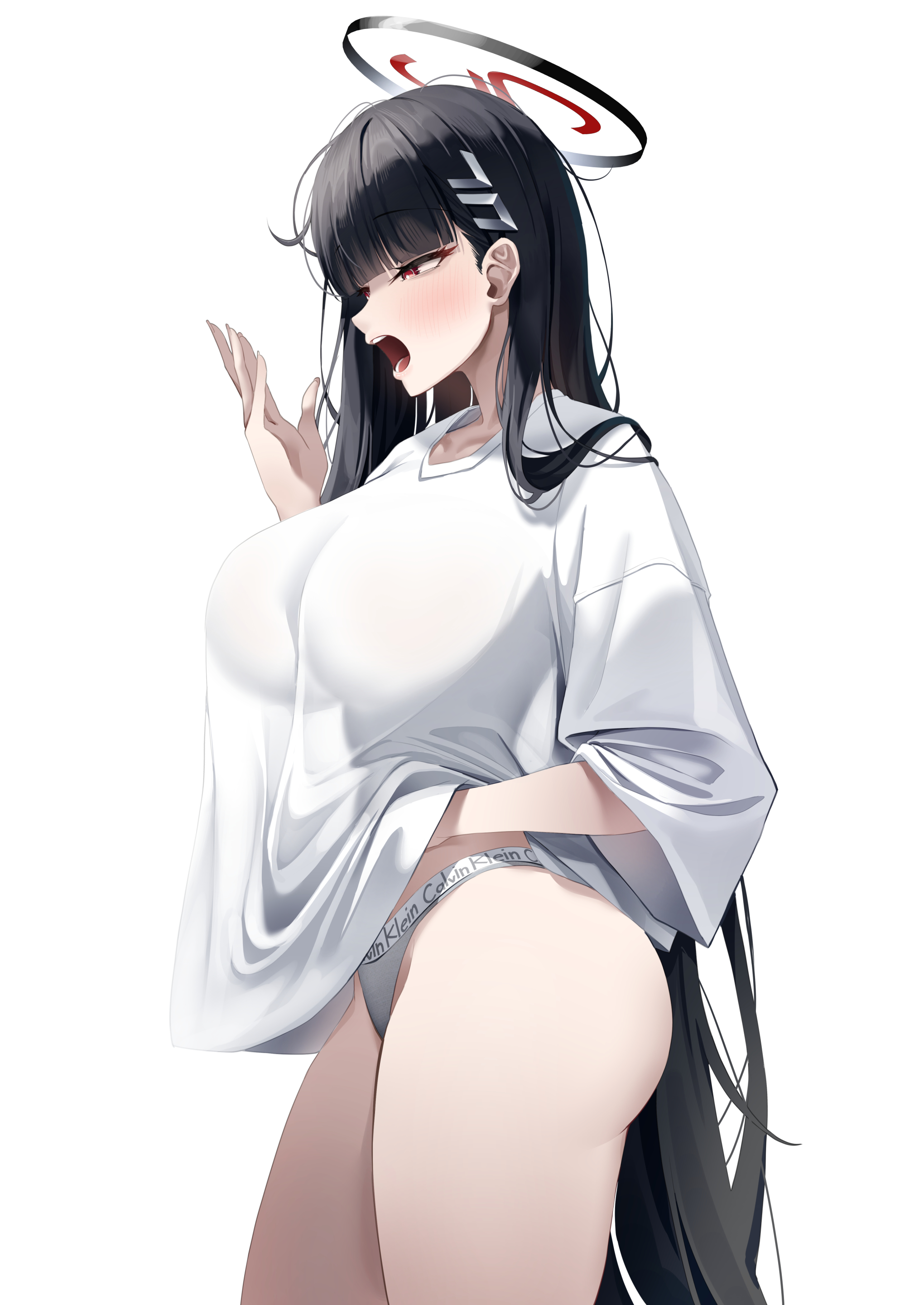 lancheu, rio (blue archive), blue archive, absurdres, commentary request, highres, 1girl, black hair, black halo, blush, breasts, fingernails, from side, halo, hand up, large breasts, long hair, multicolored halo, open mouth, red eyes, red halo, shirt, simple background, solo, two-tone halo, underwear, very long hair, white background, white shirt