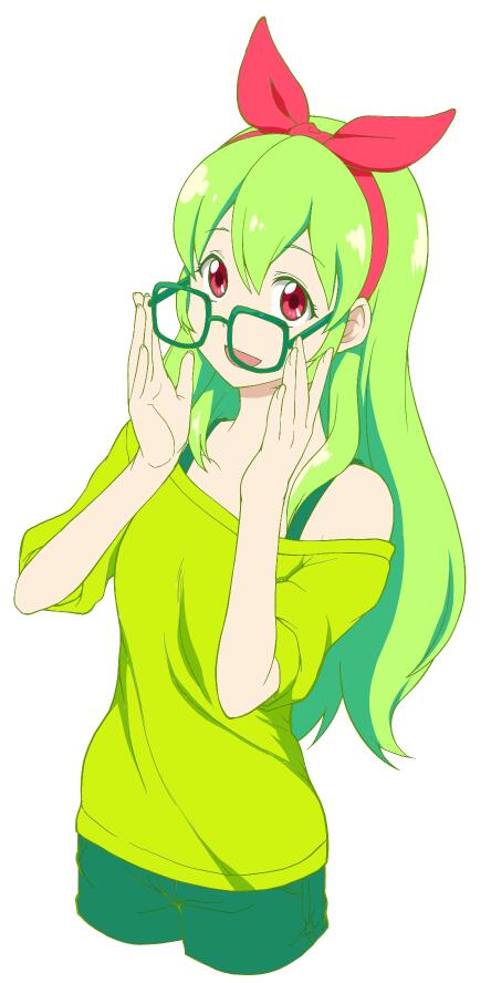 yozo (stanky), hoshimiya ichigo, aikatsu!, aikatsu! (series), commentary request, 1girl, bra strap, breasts, cowboy shot, cropped legs, glasses, green-framed eyewear, green hair, green shirt, green shorts, hairband, medium breasts, open mouth, red eyes, red hairband, removing eyewear, shirt, shorts, smile, solo