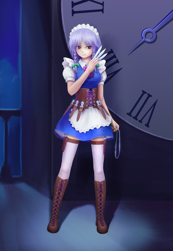 jackiexp, wudi de pangxie, izayoi sakuya, embodiment of scarlet devil, touhou, silver hair, bad id, bad pixiv id, 1girl, braid, female focus, hairband, knife, maid, pocket watch, red eyes, short hair, solo, thigh strap, thighhighs, throwing knife, twin braids, watch, weapon