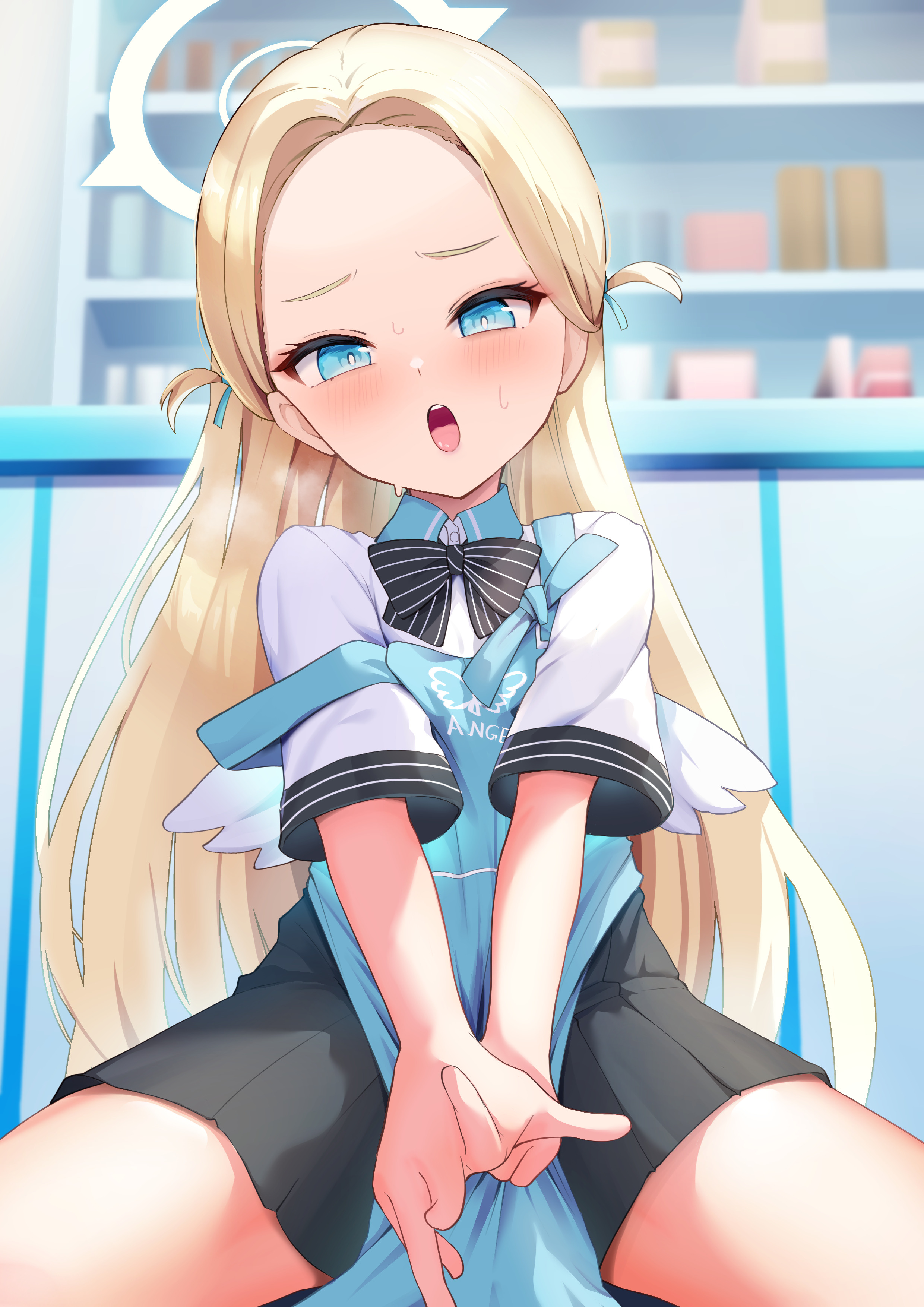 aoto mei, sora (blue archive), blue archive, absurdres, commentary request, highres, 1girl, apron, blonde hair, blue apron, blue eyes, bow, halo, long hair, open mouth, shirt, short sleeves, solo