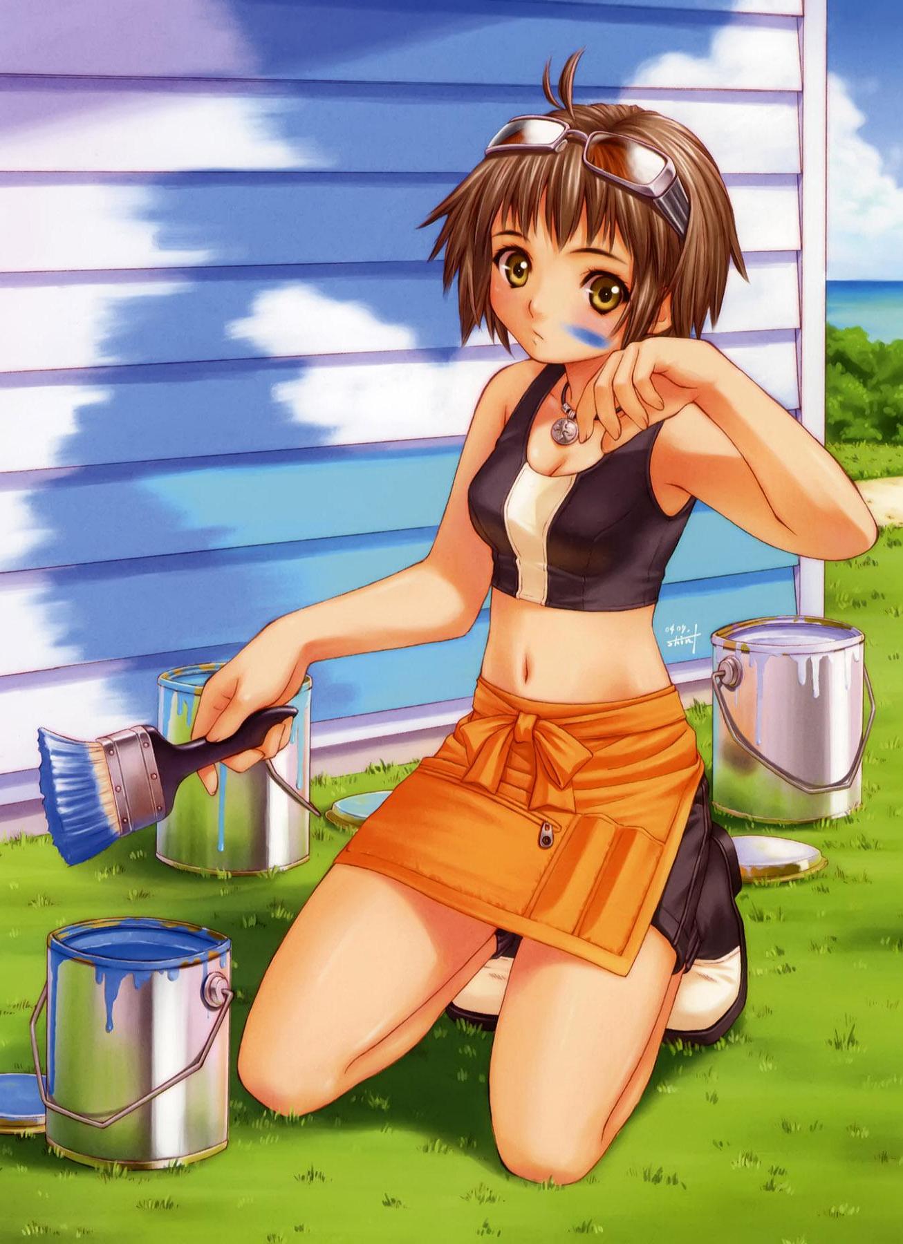 inou shin, highres, 1girl, brown hair, female focus, midriff, navel, paint, paintbrush, short hair, solo, trim brush, yellow eyes