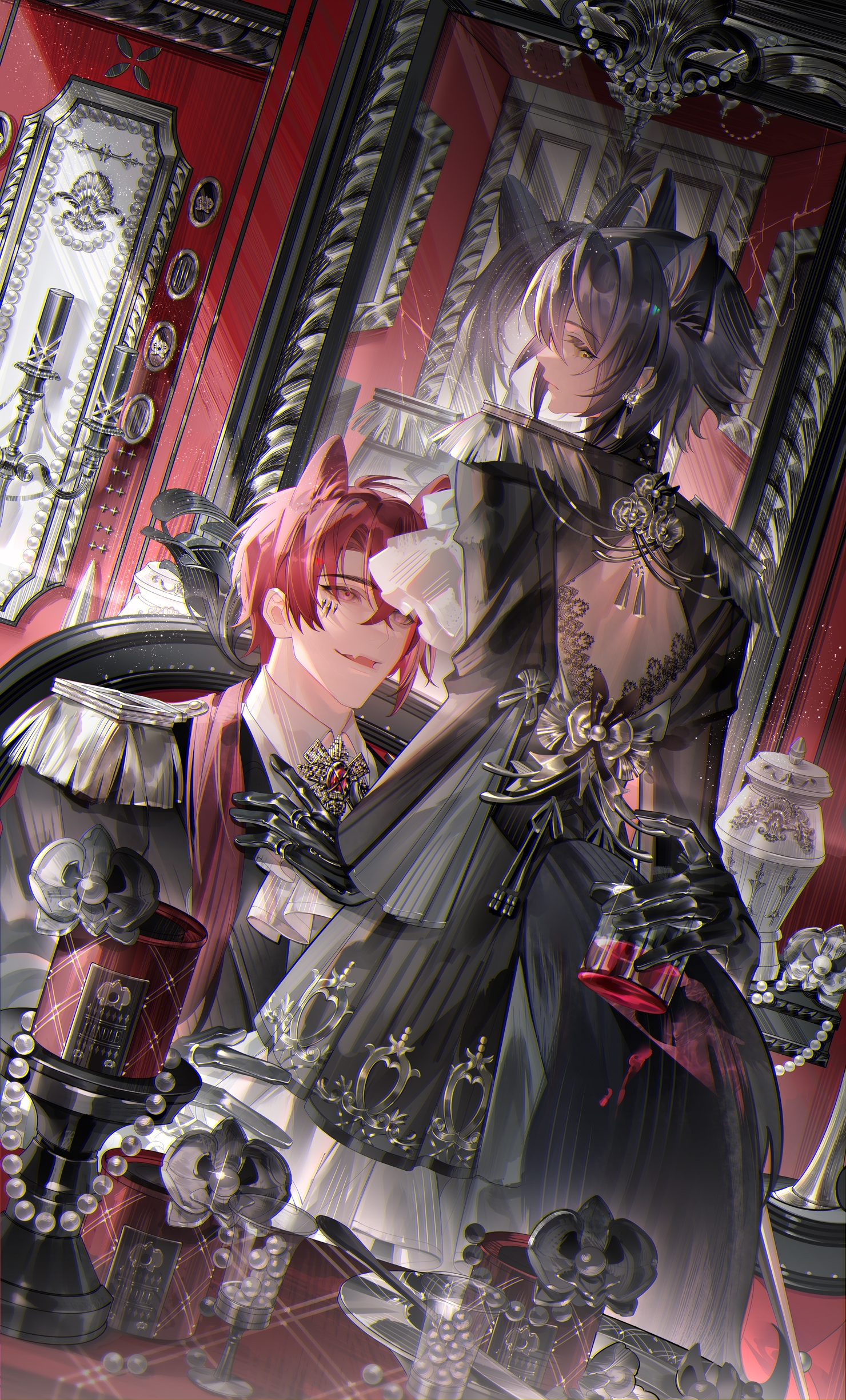 ban tang siji qing, vigil (arknights), arknights, absurdres, chinese commentary, commentary request, highres, 2boys, alcohol, animal ears, ascot, backless dress, backless outfit, black dress, black flower, black gloves, black hair, black jacket, brooch, candle, candlestand, chair, closed mouth, collared shirt, cowboy shot, crossdressing, crossdressing (mtf), cup, demetri certaldo (arknights), dress, drinking glass, earrings, epaulettes, expressionless, fang, flower, frilled dress, frills, gem, gloves, hair between eyes, hair over shoulder, hand on another's chest, hand on another's thigh, holding, holding cup, indoors, jacket, jewel under eye, jewelry, knife, long hair, long sleeves, looking at another, looking at viewer, looking back, low ponytail, male focus, medium dress, mirror, multiple boys, multiple rings, orchid, parted lips, pearl (gemstone), plate, pleated sleeves, ponytail, red eyes, red gemstone, red hair, red pupils, ring, seashell, shell, shirt, short hair, sidelocks, sitting, skin fang, smile, standing, tablecloth, tail, tassel, tassel earrings, upper body, white ascot, white shirt, wolf boy, wolf ears, wolf tail, yaoi, yellow eyes