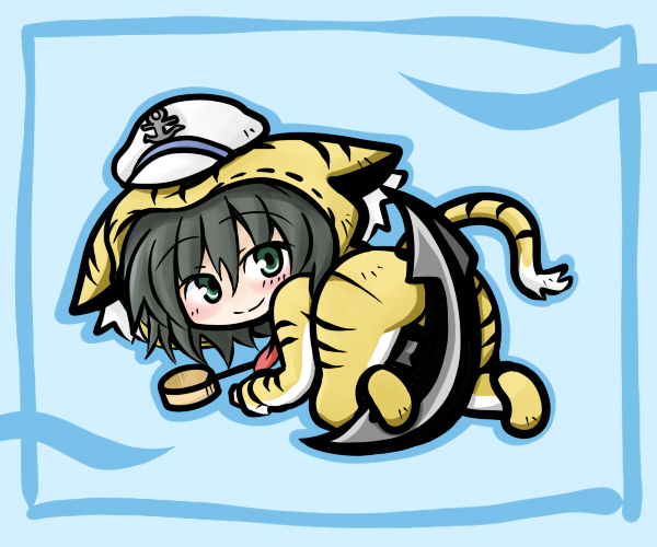 yanagi (nurikoboshi), murasa minamitsu, touhou, 1girl, anchor, animal costume, animal ears, animal print, black hair, female focus, full body, green eyes, hat, hishaku, ladle, sailor hat, short hair, solo, tail, tiger, tiger costume, tiger print