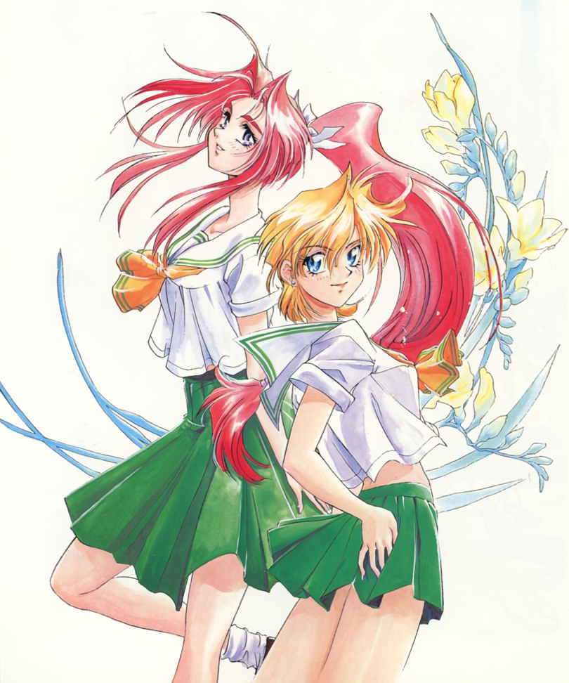 non-web source, official art, 1990s (style), blonde hair, blue eyes, earrings, flower, green skirt, high-waist skirt, high ponytail, jewelry, long hair, midriff peek, miniskirt, neckerchief, nishikawa maki, parted lips, pink hair, pleated skirt, ponytail, retro artstyle, school uniform, serafuku, short sleeves, simple background, skirt, smile, sotsugyou crossworld, standing, stud earrings, very long hair, white background, yokoyama megumi