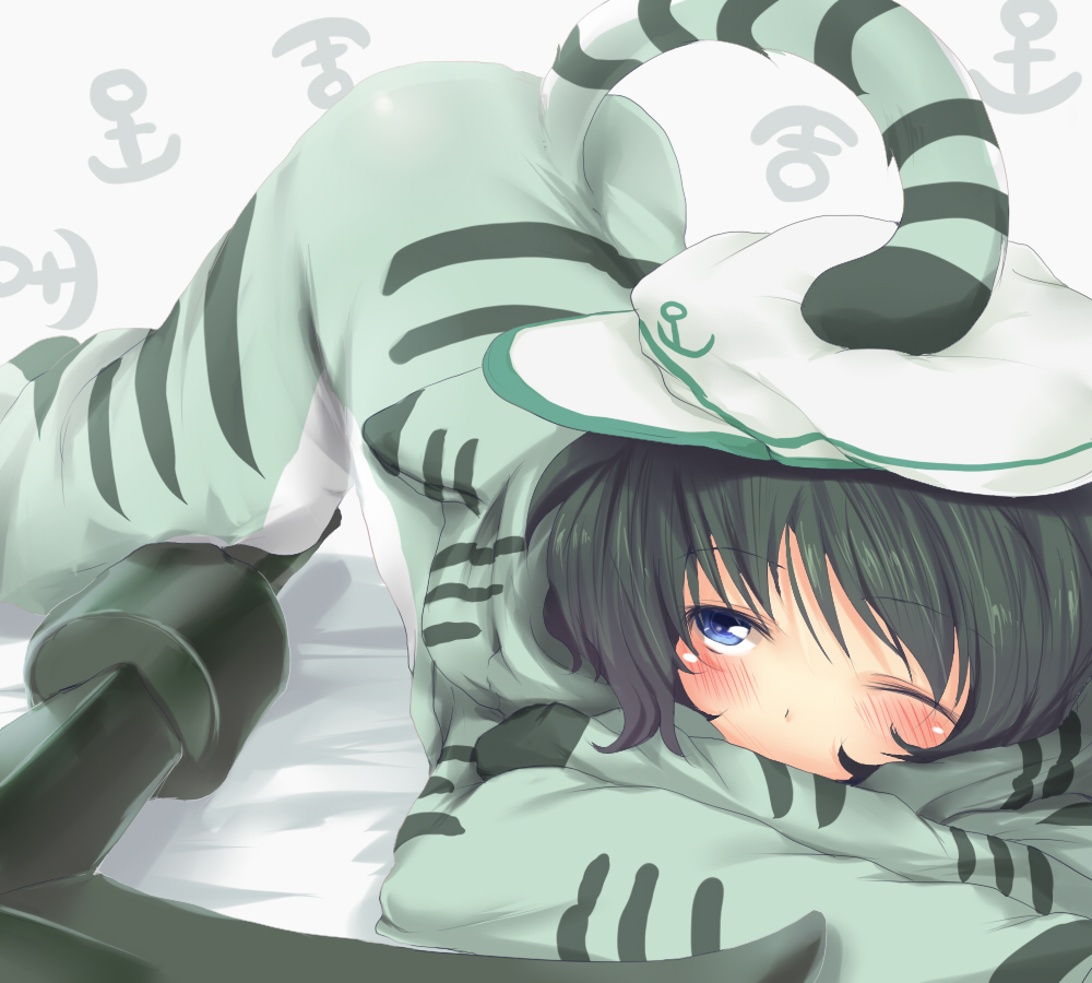 nejime, murasa minamitsu, touhou, bad id, bad pixiv id, 1girl, anchor, animal costume, animal print, black hair, blue eyes, female focus, hat, pajamas, sailor, sailor hat, short hair, solo, tail, tiger costume, tiger print