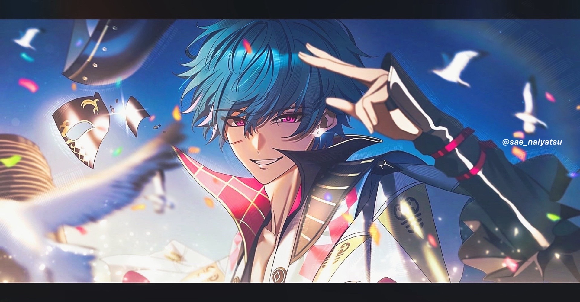 brant (wuthering waves), wuthering waves, commentary, commentary request, english commentary, highres, mixed-language commentary, 1boy, blue hair, earrings, grin, hair between eyes, hand up, jewelry, letterboxed, looking at viewer, male focus, pink eyes, sae naiyatsu, short hair, smile, solo, twitter username, upper body