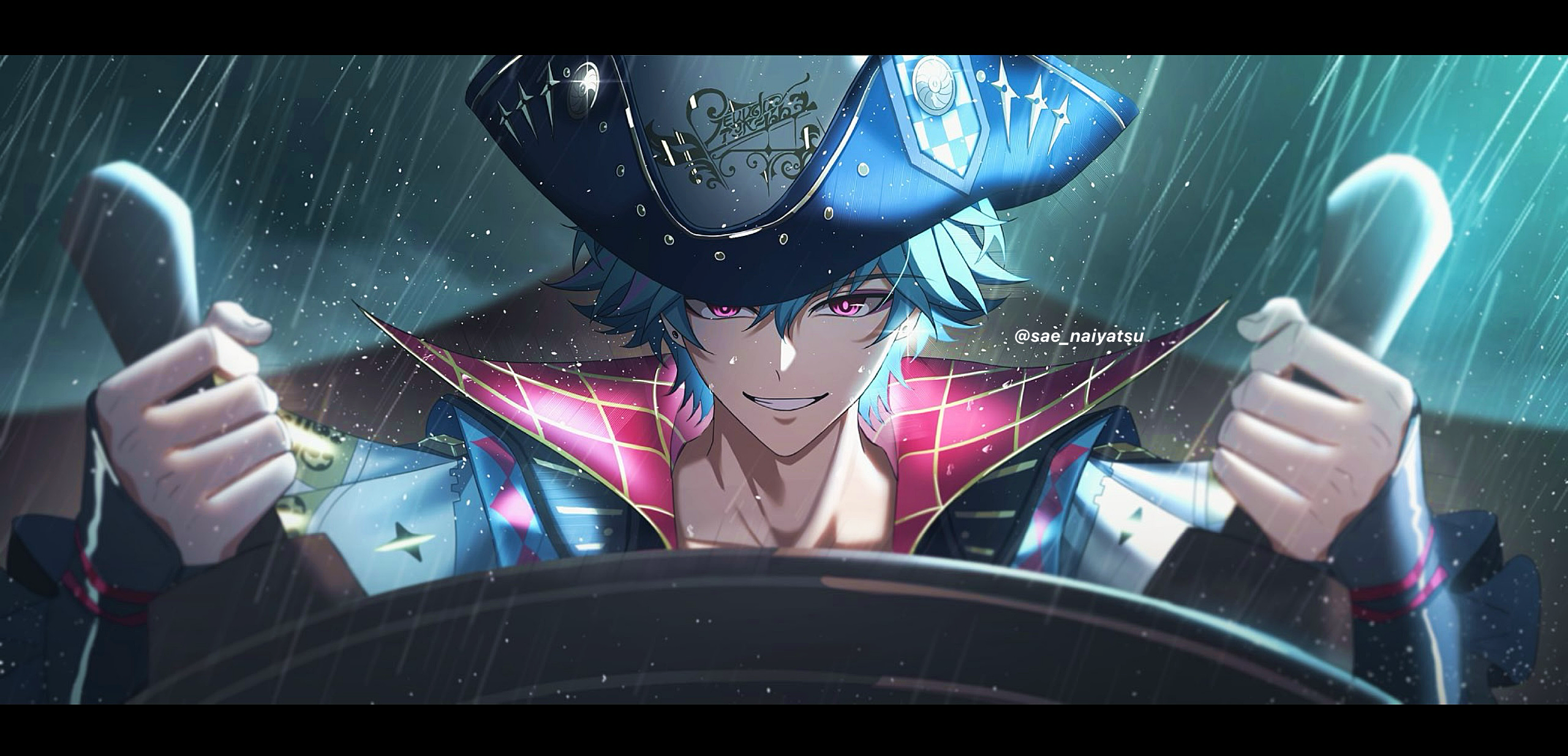 brant (wuthering waves), wuthering waves, commentary, english commentary, highres, 1boy, black border, boat, border, hat, long sleeves, male focus, on boat, pink eyes, pirate hat, rain, sae naiyatsu, ship, smile, solo, steering wheel, teeth, watercraft, watermark