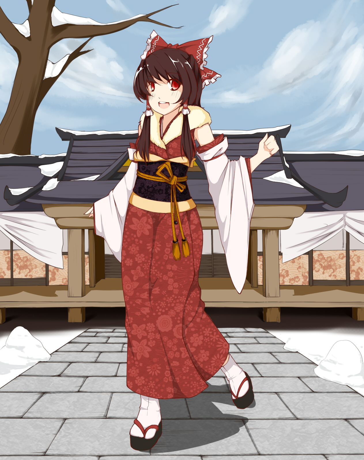noirly, hakurei reimu, touhou, highres, 1girl, bow, brown hair, detached sleeves, female focus, hair bow, happy, japanese clothes, miko, red eyes, solo, winter