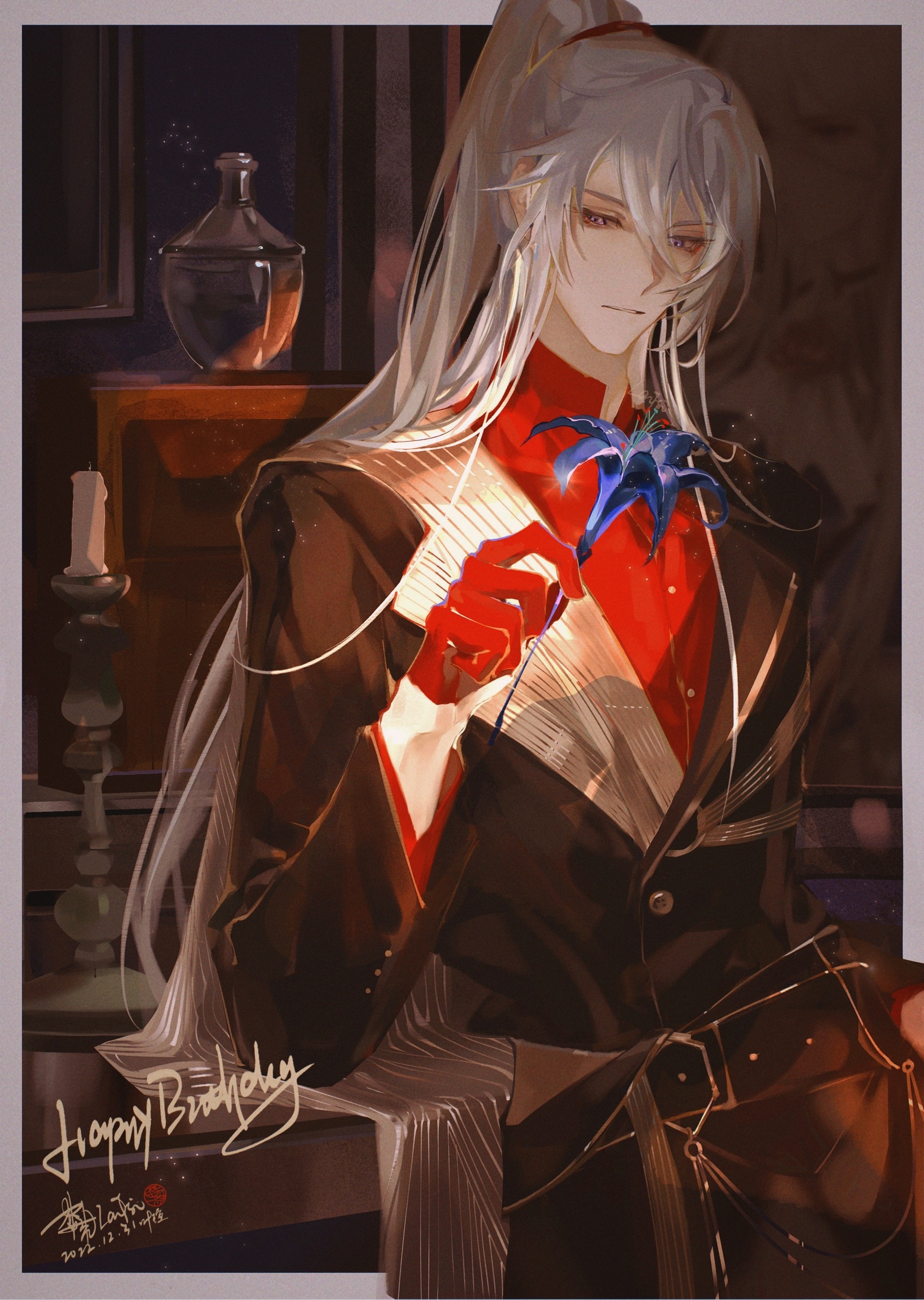 lanfsir, cael anselm, lovebrush chronicles, absurdres, chinese commentary, commentary request, highres, 1boy, belt, belt buckle, black belt, black coat, blue flower, border, buckle, cael anselm (night snowfall), candle, candlestand, coat, contrast lapels, cowboy shot, dated, dress shirt, elbow on table, elbow rest, flower, gloves, grey border, hair between eyes, half gloves, happy birthday, high ponytail, holding, holding flower, indoors, lapels, lily (flower), long hair, long sleeves, looking at flowers, outside border, parted lips, ponytail, purple eyes, red gloves, red shirt, shirt, signature, solo, table, vase, wallet chain, white hair