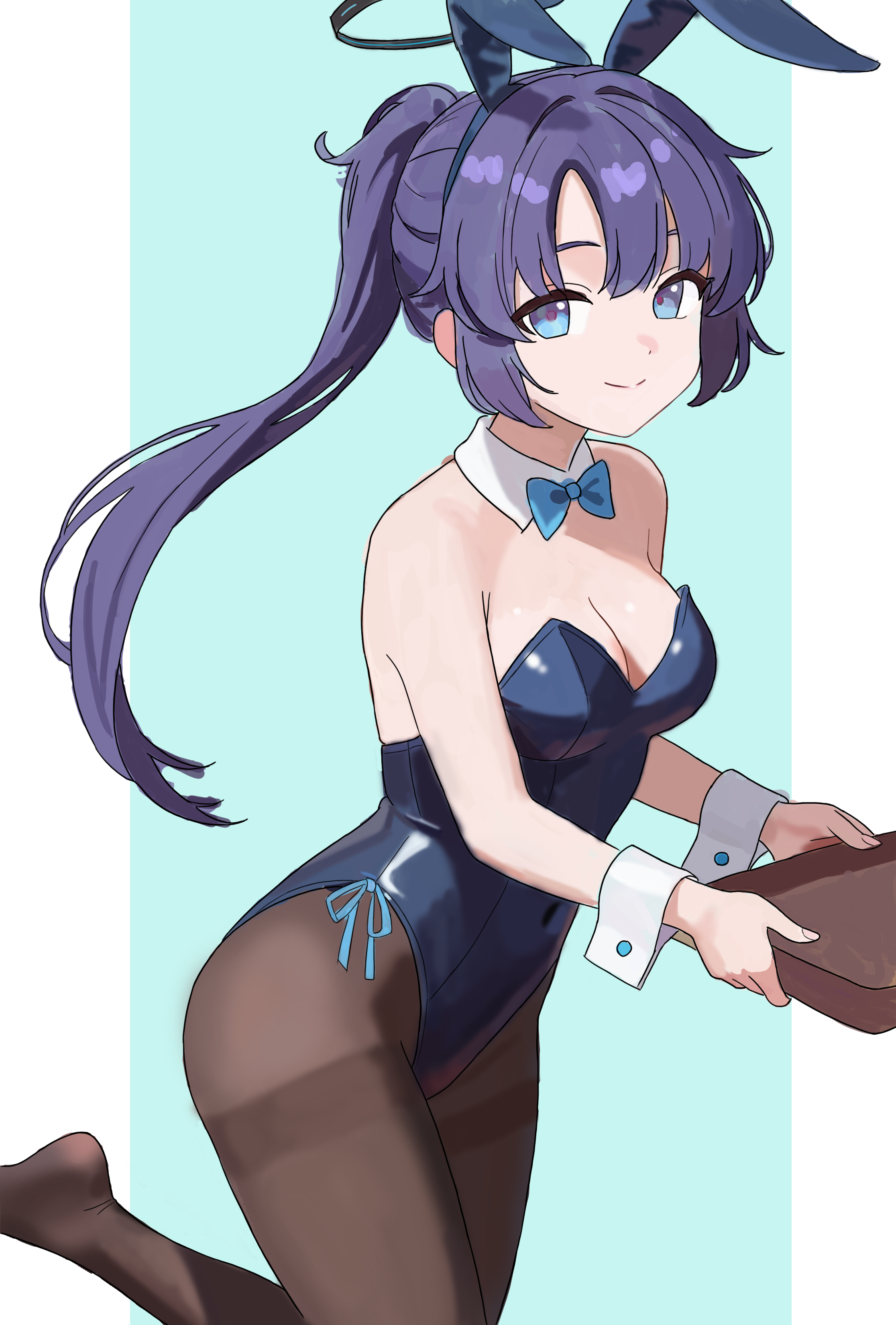 thejx 063, yuuka (blue archive), blue archive, absurdres, commentary, english commentary, highres, 1girl, alternate costume, animal ear hairband, animal ears, black pantyhose, blue bow, blue bowtie, bow, bowtie, breasts, fake animal ears, hairband, holding, holding tray, long hair, looking at viewer, multicolored eyes, pantyhose, playboy bunny, ponytail, purple eyes, purple hair, rabbit ears, simple background, smile, thighhighs, tray, two-tone eyes