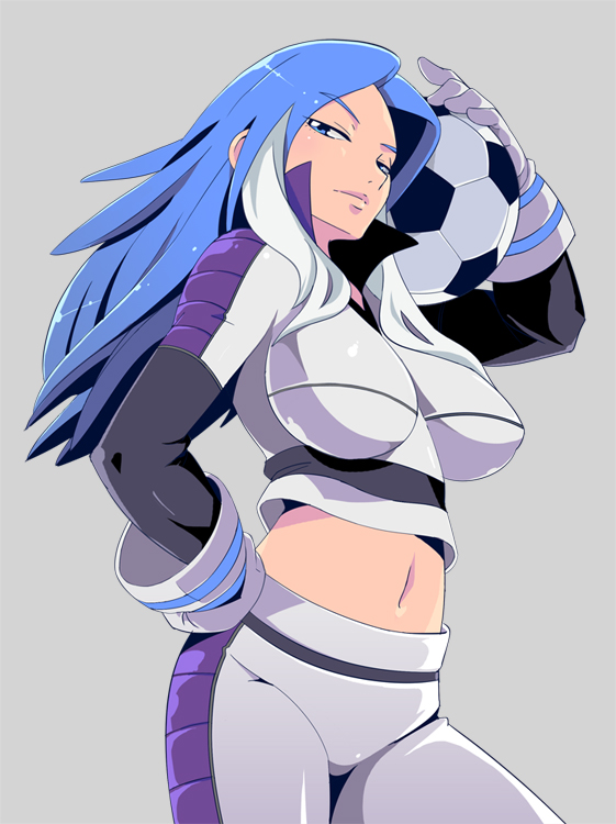 9aki, urubida, yagami reina, inazuma eleven, inazuma eleven (series), bad id, bad pixiv id, 00s, 1girl, ball, blue eyes, blue hair, breasts, female focus, gloves, hand on own hip, hip focus, large breasts, long hair, matching hair/eyes, midriff, multicolored hair, navel, simple background, soccer ball, solo, telstar, white hair