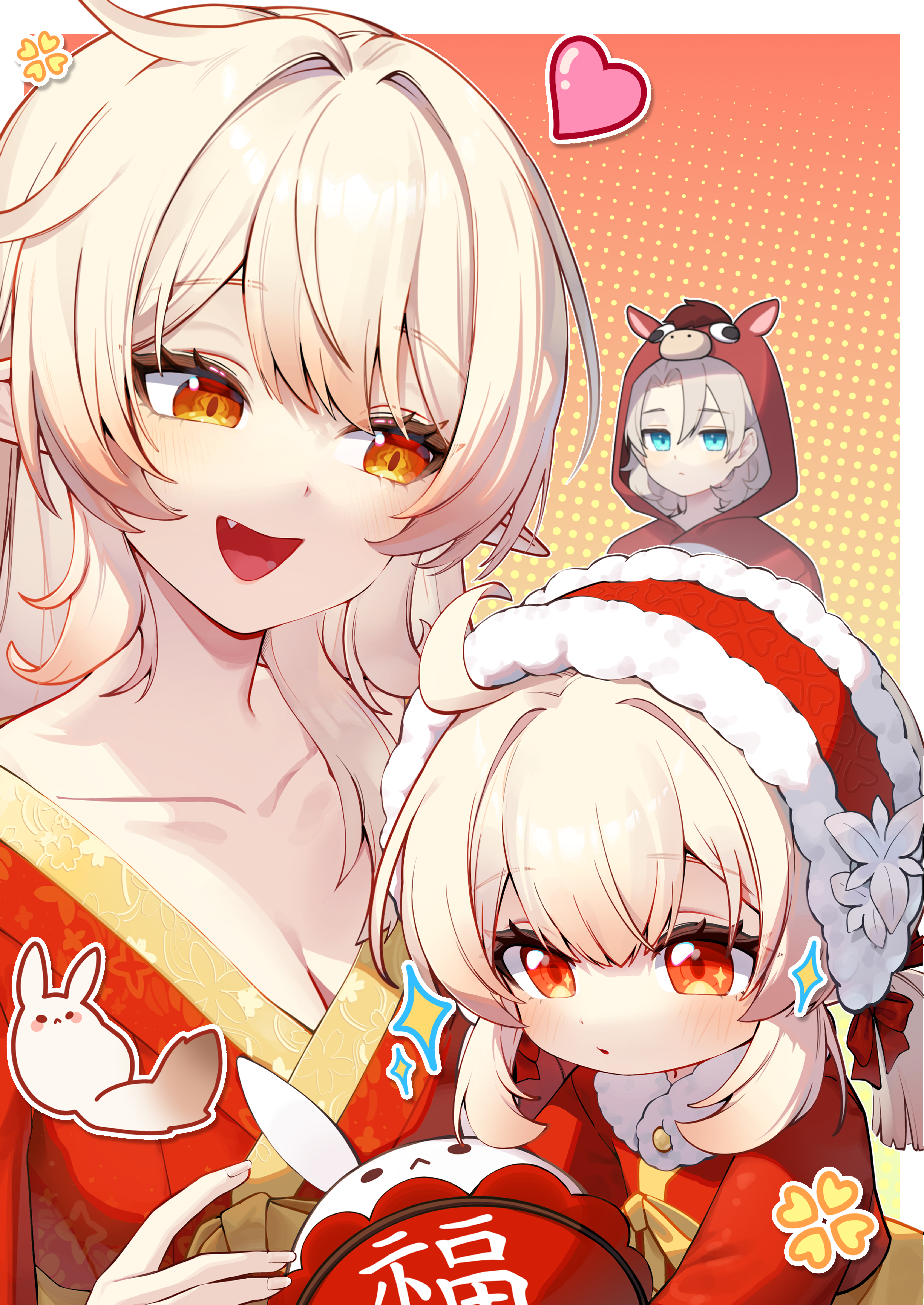 albedo (genshin impact), alice (genshin impact), dodoco (genshin impact), jumpy dumpty, klee (genshin impact), genshin impact, absurdres, commentary request, highres, korean commentary, 1boy, 2girls, ahoge, blonde hair, blue eyes, blush, breasts, brown hair, cleavage, closed mouth, collarbone, dress, fang, fingernails, fur-trimmed dress, fur trim, heart, holding, japanese clothes, kimono, kkochmanyeo, looking at another, multiple girls, open mouth, pointy ears, red dress, red eyes, red kimono, star (symbol), star in eye, symbol in eye