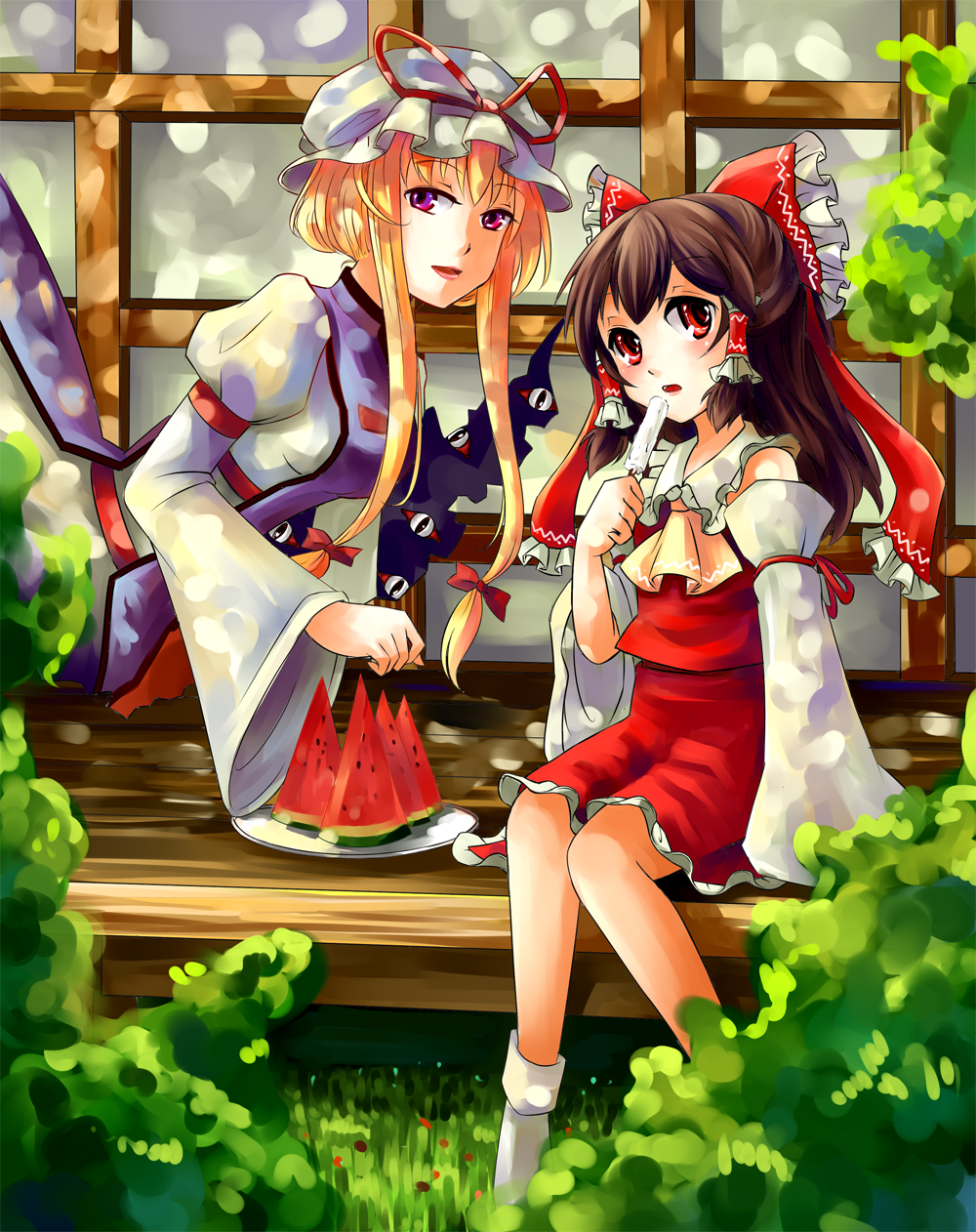 vetina, hakurei reimu, yakumo yukari, touhou, highres, 2girls, blonde hair, bow, brown hair, detached sleeves, female focus, food, fruit, gap (touhou), hair bow, hair ribbon, hair tubes, hair up, half updo, hat, japanese clothes, lips, miko, multiple girls, no shoes, popsicle, purple eyes, red eyes, ribbon, shade, short hair, sidelocks, sitting, socks, veranda, water, watermelon, white socks