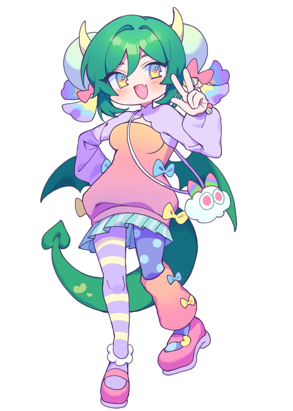 yomoi, draco centauros, puyopuyo, puyopuyo quest, check clothing, clothing request, commentary request, highres, 1girl, arm up, asymmetrical legwear, bag, blue bow, blue leggings, blue skirt, bow, circle print, cloud bag, double-parted bangs, draco centauros (charmy), dragon girl, dragon horns, dragon tail, dragon wings, fang, floral print, gradient clothes, gradient legwear, gradient shirt, green eyes, green hair, hair between eyes, hair bow, hair intakes, hand on own hip, heart, heart in eye, horns, leg warmers, leggings, long sleeves, mismatched legwear, official alternate costume, open mouth, orange leg warmers, orange shirt, pink shoes, pleated skirt, puffy long sleeves, puffy sleeves, purple leggings, purple sleeves, red leg warmers, red shirt, shirt, shirt bow, shoes, short hair, shoulder bag, simple background, single leg warmer, skin fang, skirt, smile, solo, striped leggings, symbol in eye, tail, w, white background, white bag, white bow, wings, yellow bow, yellow eyes, yellow leggings