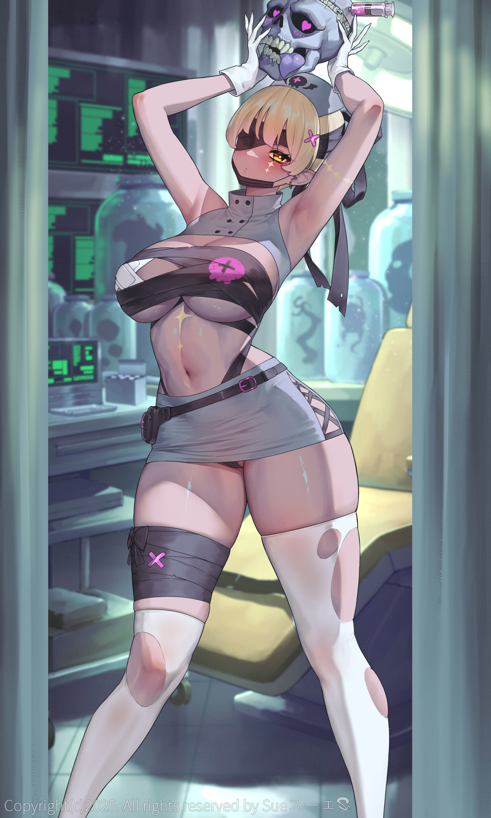 suerte, original, absurdres, commentary request, highres, 1girl, armpits, arms up, bandages, blonde hair, blush, breasts, brown eyes, cross-laced clothes, cross-laced skirt, earrings, expressionless, gloves, hat, heart, heart-shaped pupils, holding, holding skull, huge breasts, jar, jewelry, kneehighs, looking at viewer, miniskirt, monitor, navel, nurse, nurse cap, single kneehigh, single sock, single thighhigh, skirt, skull, socks, solo, standing, symbol-shaped pupils, thick thighs, thighhighs, thighs, tongue, torn clothes, torn thighhighs, underboob, white gloves, white thighhighs, zipper, zipper pull tab