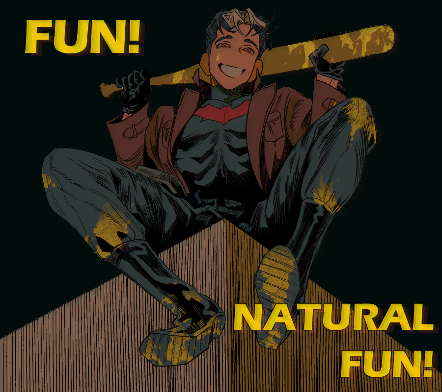 jason todd, red hood (dc), batman (series), dc comics, red hood and the outlaws, commentary, symbol-only commentary, 1boy, bat signal, batman symbol, black bodysuit, black gloves, black hair, bodysuit, brown jacket, gardener gun, gloves, grey bodysuit, jacket, looking at viewer, male focus, multicolored bodysuit, muscular, muscular male, open clothes, pants, red eyes, short hair, superhero costume, taut bodysuit, two-tone bodysuit