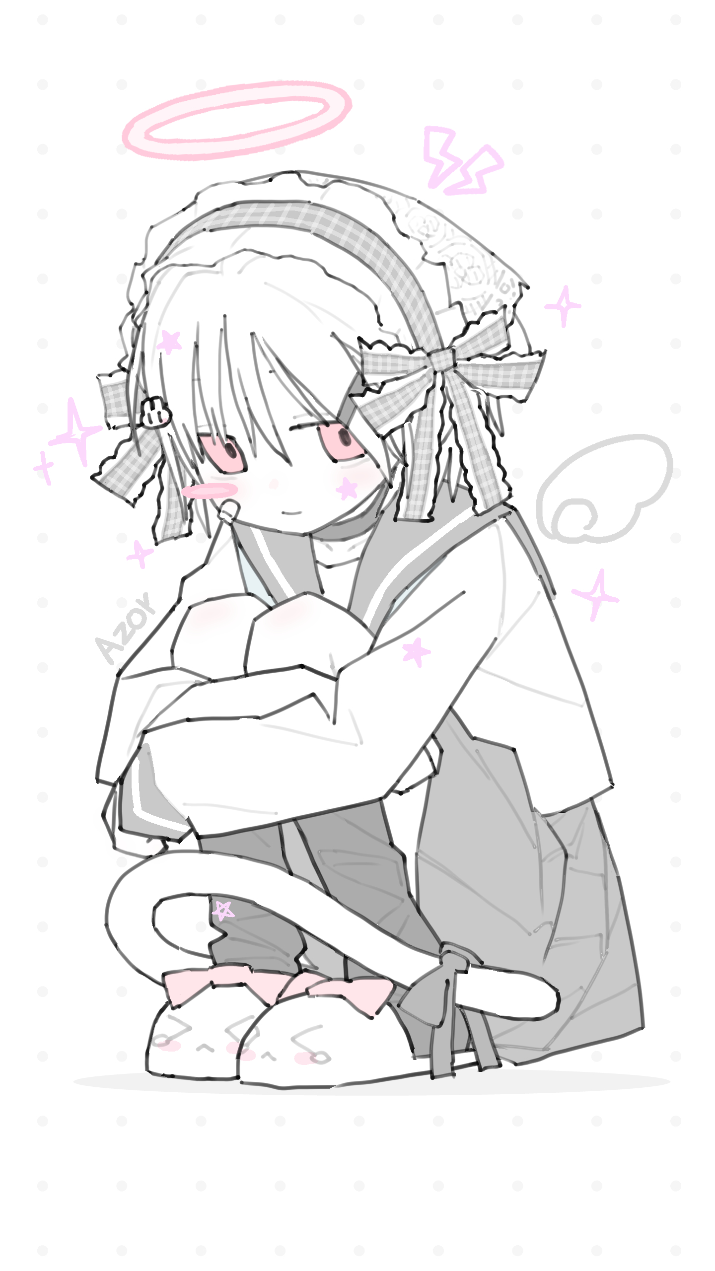 lurenjia, original, absurdres, commentary, highres, symbol-only commentary, 1girl, blush, closed mouth, dress, feathered wings, halo, long hair, long sleeves, looking at viewer, red eyes, ribbon, solo, white wings, wings