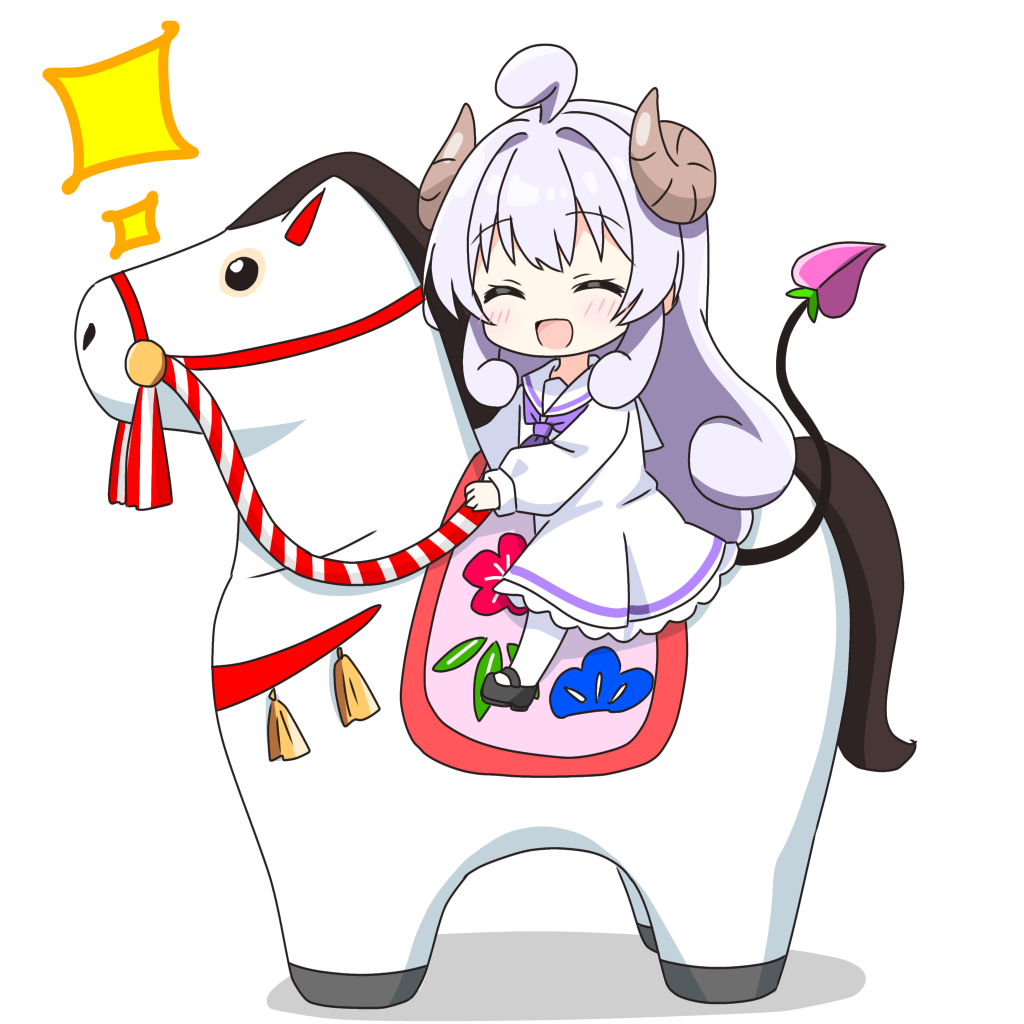 kotatsu-mazoku, lilith (homunculus) (machikado mazoku), lilith (machikado mazoku), machikado mazoku, commentary request, 1girl, :d, ^ ^, ahoge, black shoes, blush, brown horns, chibi, chibi only, closed eyes, curled horns, demon girl, demon horns, demon tail, dress, frilled dress, frills, full body, hair intakes, horns, horse, long hair, long sleeves, neckerchief, open mouth, pantyhose, purple hair, purple neckerchief, sailor collar, sailor dress, shoes, sidelocks, simple background, sitting, smile, solo, sparkle, tail, white background, white dress, white pantyhose, white sailor collar