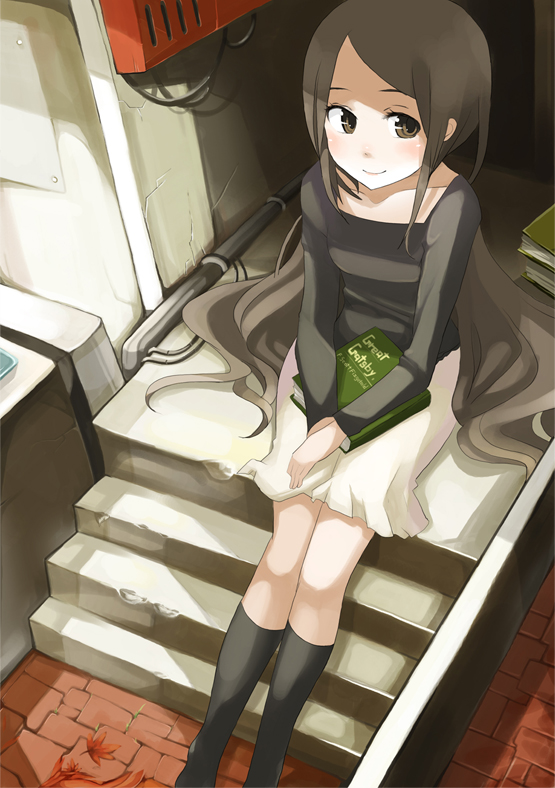 tansuke, 1girl, black socks, book, brown eyes, brown hair, female focus, kneehighs, long hair, sitting, sitting on stairs, smile, socks, solo, stairs