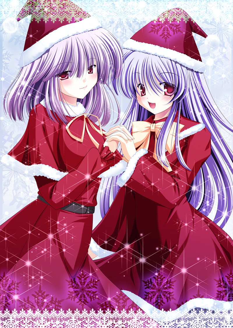 hiyori-o, hinanawi tenshi, nagae iku, touhou, bad id, bad pixiv id, 2girls, blue hair, christmas, female focus, hat, holding hands, multiple girls, purple hair, red eyes, santa costume