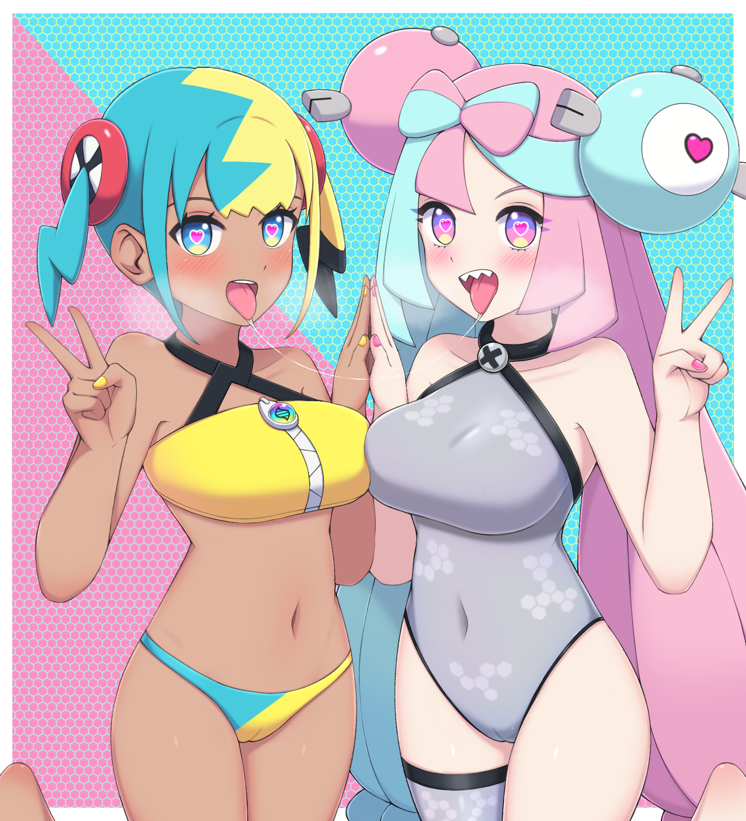 x (zvkm7328), canari (pokemon), iono (pokemon), nintendo, pokemon, pokemon legends: z-a, pokemon sv, commentary, highres, symbol-only commentary, 2girls, :d, after kiss, bandeau, bikini, bikini bottom only, blue eyes, blush, bow-shaped hair, breasts, breath, character hair ornament, collarbone, covered navel, grey leotard, hair ornament, hand on another's hand, hands up, heart, heart-shaped pupils, leg up, leotard, long hair, multicolored hair, multiple girls, nail polish, navel, open mouth, palms together, pink eyes, pink nails, saliva, saliva trail, sharp teeth, single thighhigh, smile, swimsuit, symbol-shaped pupils, teeth, thighhighs, tongue, tongue out, two-tone hair, upper teeth only, v, yellow bandeau, yellow nails, yuri, zipper, zipper pull tab