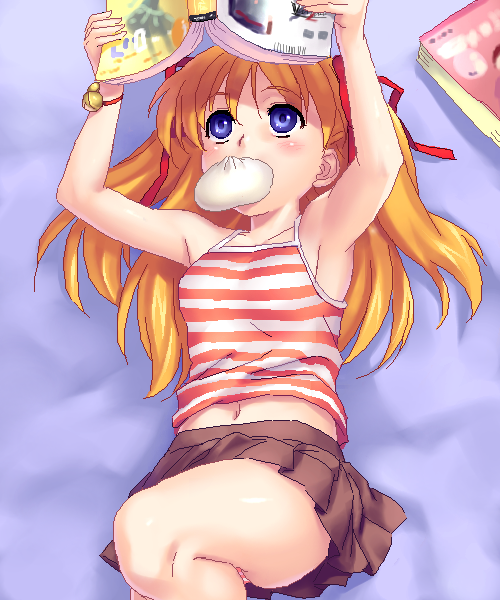 zen, sawatari makoto, kanon, blonde hair, blue eyes, long hair, navel, oekaki, panties, red hair, solo, striped clothes, striped panties, underwear