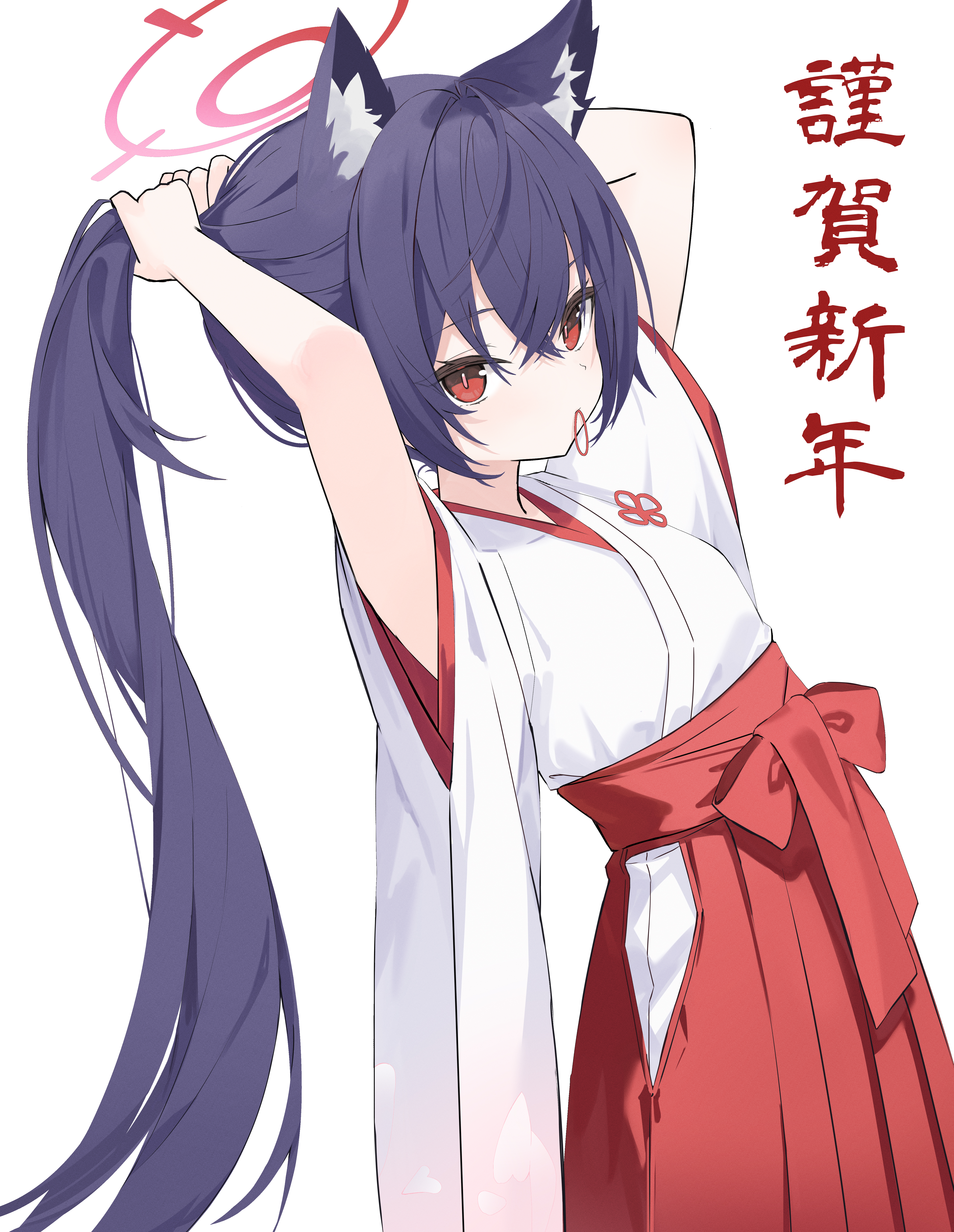 lisu, serika (blue archive), serika (new year) (blue archive), blue archive, absurdres, commentary, highres, translation request, 1girl, animal ear fluff, animal ears, blue hair, cat ears, cat girl, clothing cutout, hair tie in mouth, hakama, hakama skirt, halo, hip vent, japanese clothes, kimono, long hair, long skirt, looking at viewer, miko, mouth hold, official alternate costume, official alternate hairstyle, ponytail, red eyes, red hakama, red halo, red skirt, short sleeves, simple background, skirt, slit pupils, solo, tying hair, very long hair, white background, white kimono, wide sleeves